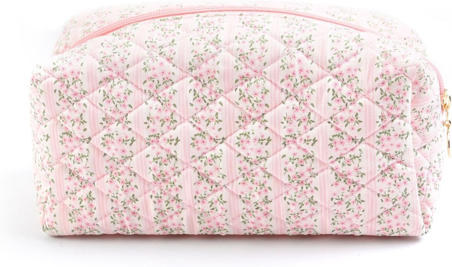 Private Label Floral Quilted Makeup Toiletry Bag with Zipper, Custom Logo Cosmetic Pouch for Daily Travel Skincare, Manufacturer Multipurpose Organizer (Blossom Blush Pink)