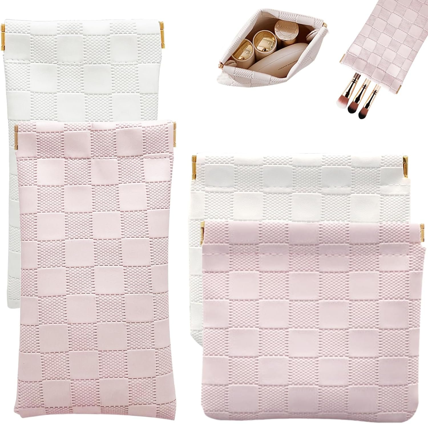 Private Label 4PCS Small Makeup Bag for Purse Mini Leather Pocket Cosmetic Bag for Women Custom Logo Waterproof Portable Makeup Pouch No Zipper Coin Purse Lipstick Bag Accessories Checkered Travel Storage Bag Manufacturer White Pink