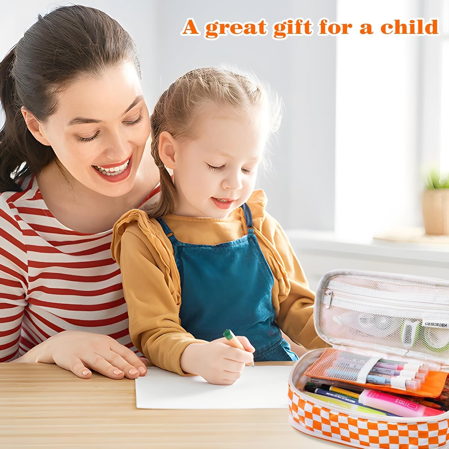 Private Label Orange Checkered Pencil Pouch with Custom Logo Zipper for Teens Girls Students Back to School Manufacturer