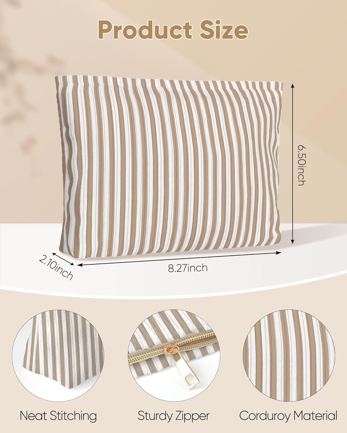 Private Label Cute Brown Beige Vertical Striped Small Makeup Pouch Manufacturer for Women Zipper Cosmetic Travel Toiletry Custom Logo
