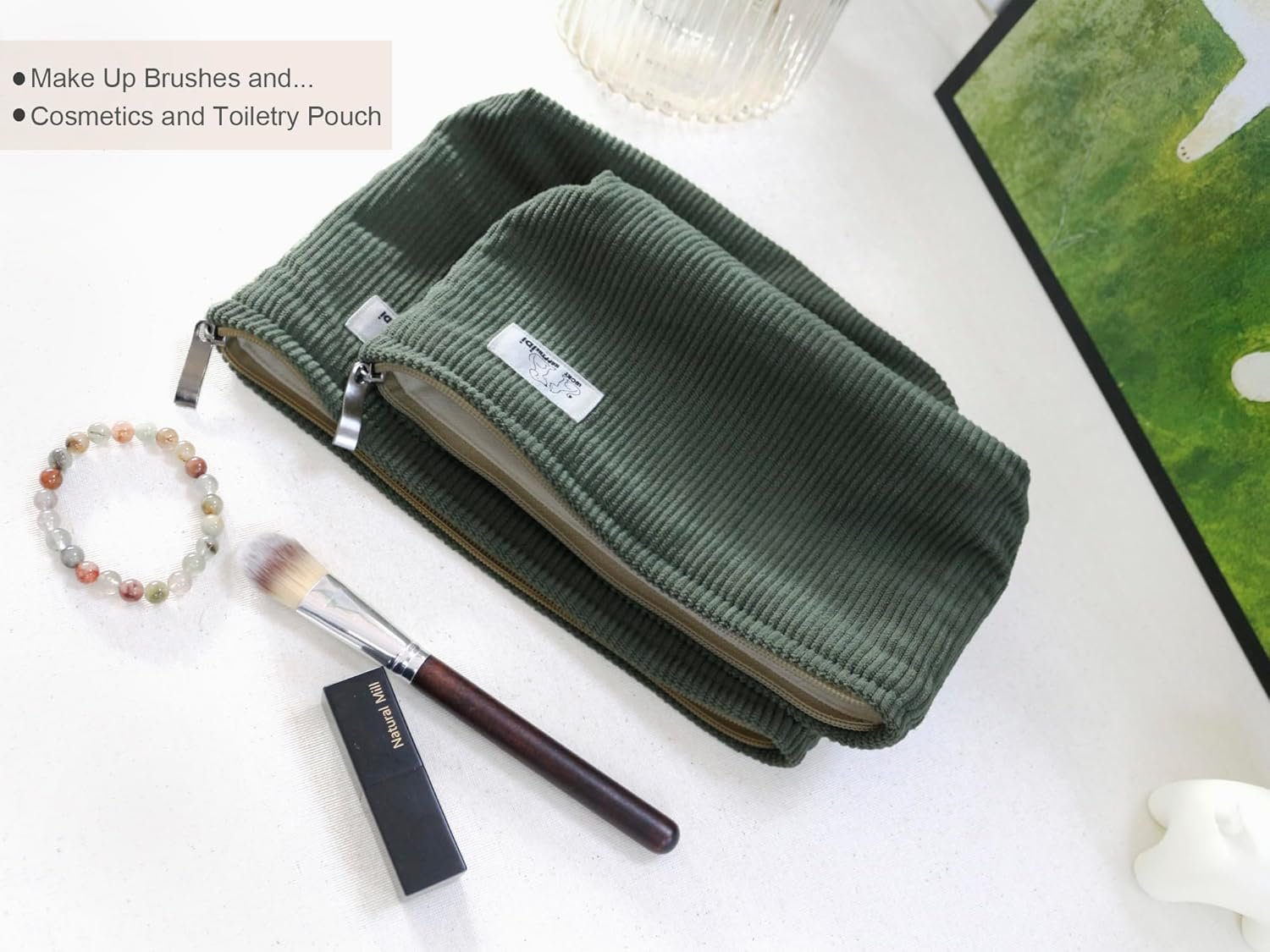 Custom Logo Corduroy Makeup Bag Set 3 Private Label Cosmetic Toiletry Travel Pouch Organizer Large Medium Small Solid Sage Green Manufacturer