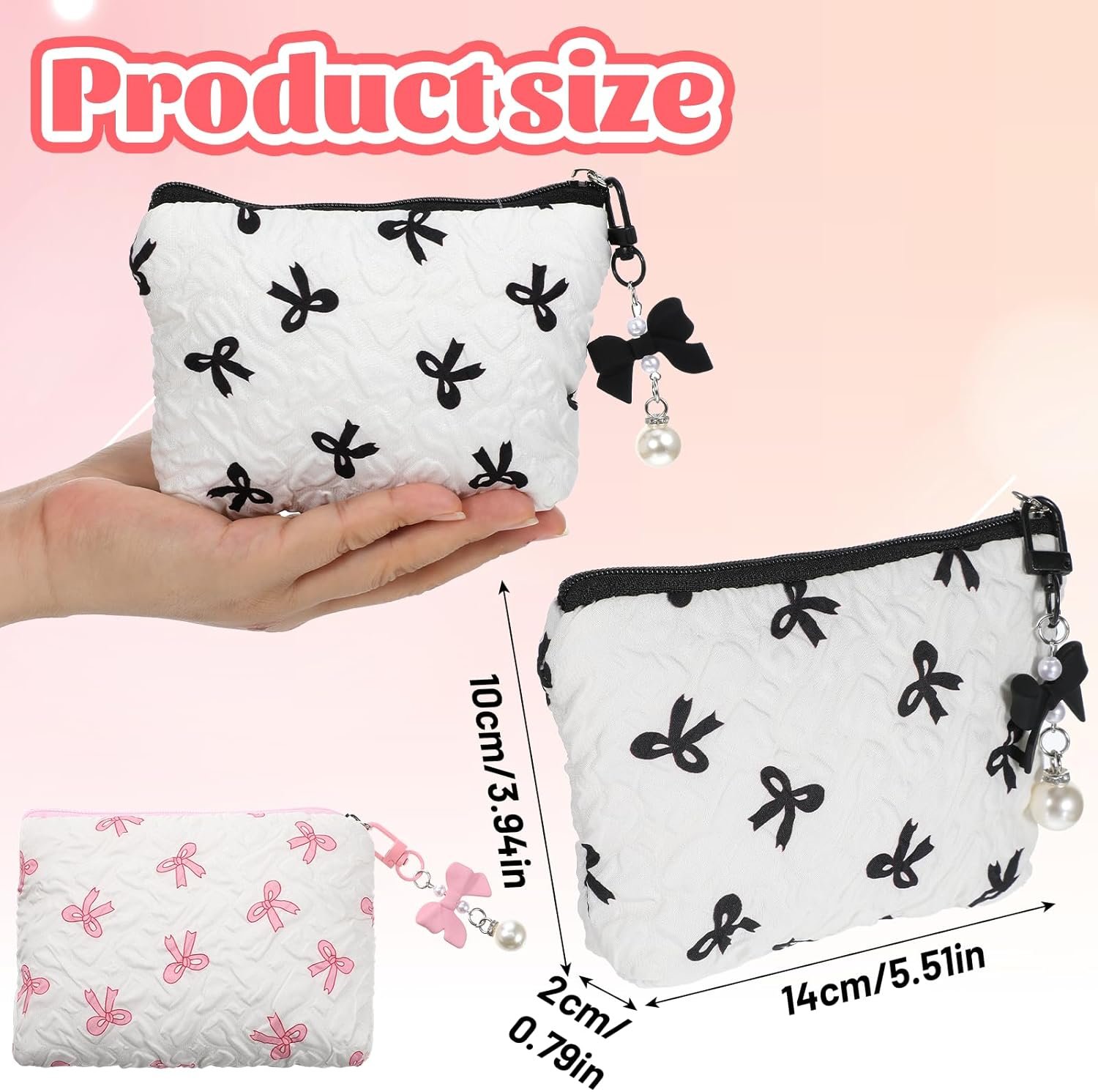 Private Label Small Makeup Bag for Handbag 5.51 x 3.94 Inches Cute Cosmetic Zipper Pouch Mini Wallet with Custom Logo Pleated Embossed Texture Pink & Black Manufacturer