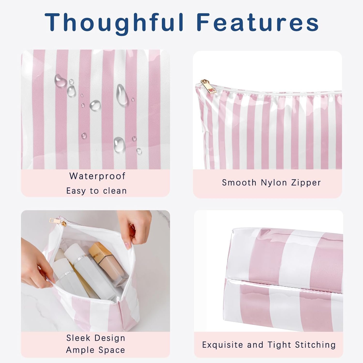 Private Label Large PVC Waterproof Striped Makeup Bag Custom Logo Clear Coated Cosmetic Organizer Easy Clean Zipper Pouch Beach Vacation Essentials Manufacturer Pink Stripe for Women Girls