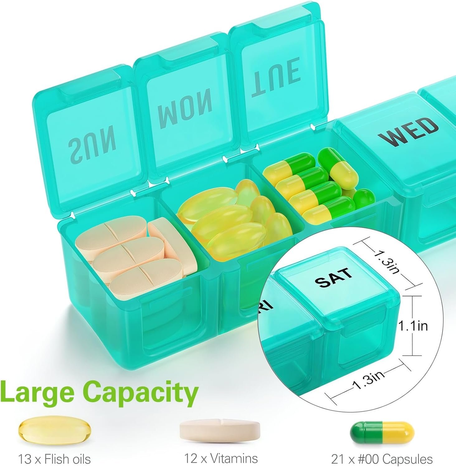 Custom Logo Large 2 Packs Weekly Pill Organizer Extra Large 7 Day Travel Pill Box Private Label Supplier for Vitamins Supplements Medications Blue+Green