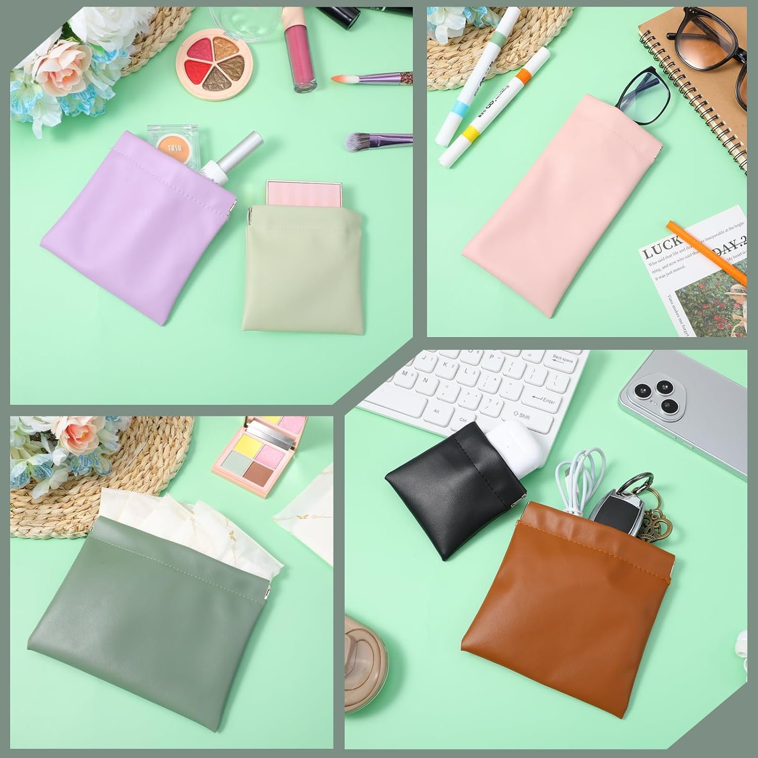 Private Label 6 Pcs Snap Closure Purse Organizer Pouches Portable No Zipper Leather Self-Closing Mini Cosmetic Bags with Custom Logo for Cosmetics Jewelry Eyeglasses Travel Accessories from Manufacturer 6 Colors