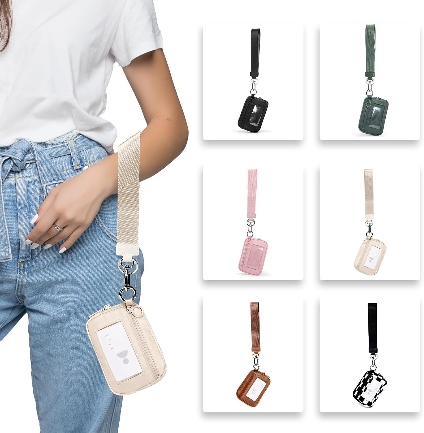 Custom Logo Beige Mini Zip Card Case for Women with Clear ID Window Coin Purse Private Label Lightweight Small Zipper Wallet Factory Portable Organizer