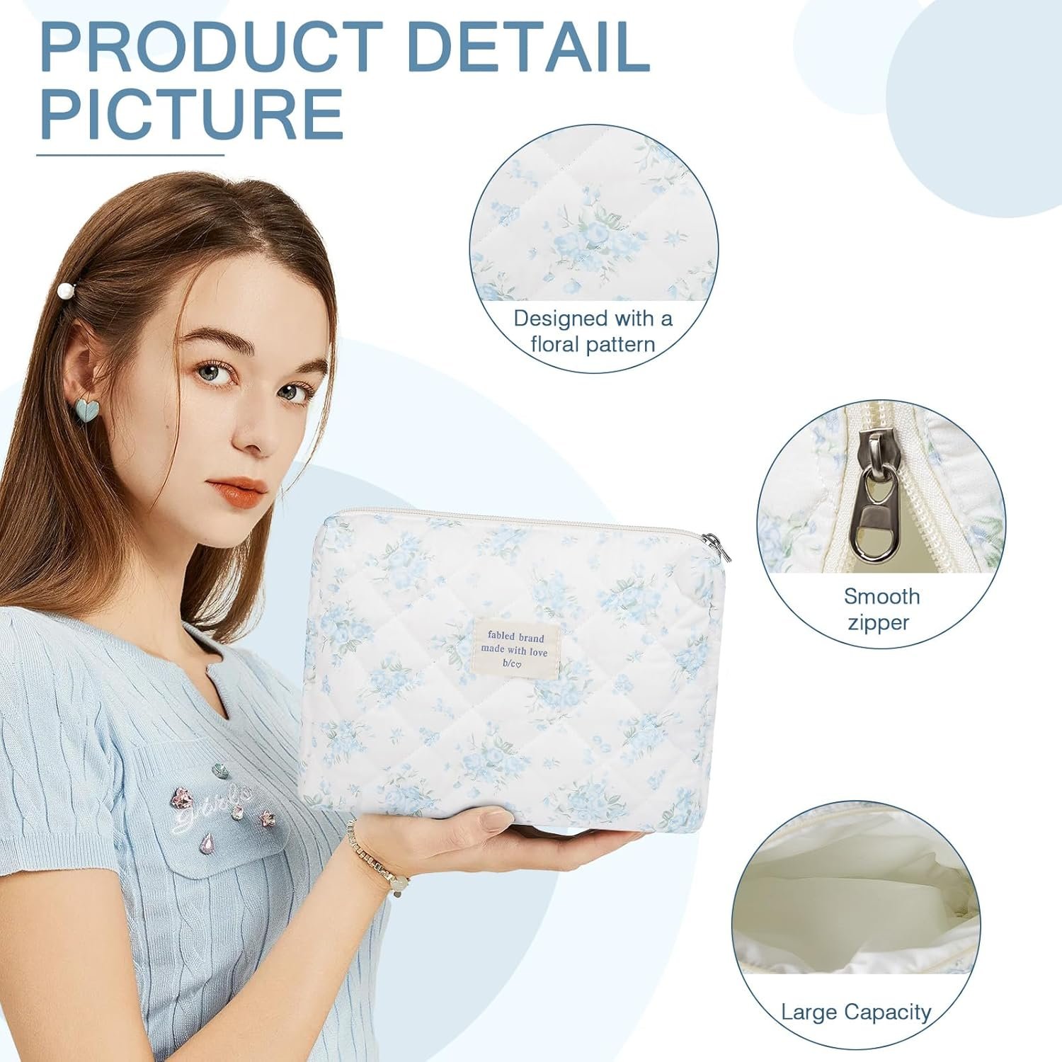 Private Label Large Floral Makeup Bag, Custom Logo Quilted Cotton Cosmetic Pouch for Women Girls, Flower Travel Toiletry Organizer Manufacturer Blue Rose