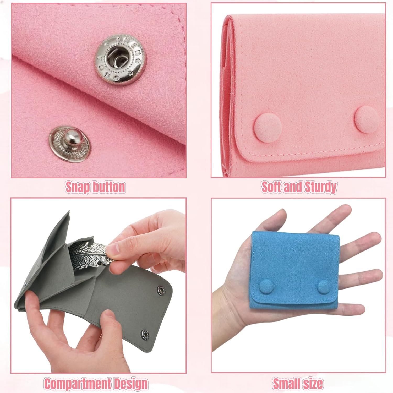 Private Label 4 Pieces Small Microfiber Jewelry Bags with 3 Compartments Custom Logo Lightweight Travel Organizer Rolls for Rings Earrings Bracelets Necklaces Manufacturer