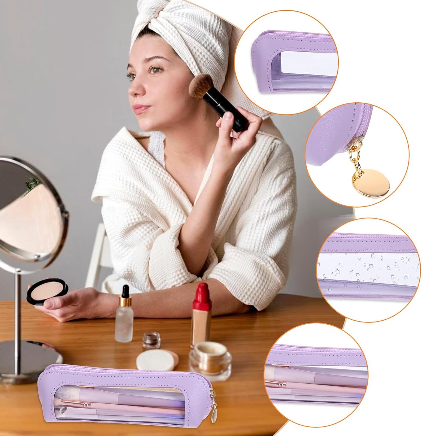 Private Label Clear PU Leather Small Makeup Brush Pouch Manufacturer Portable Travel Mini Cosmetic Organizer Transparent Waterproof with Zipper Custom Logo for Women Home Office Purple