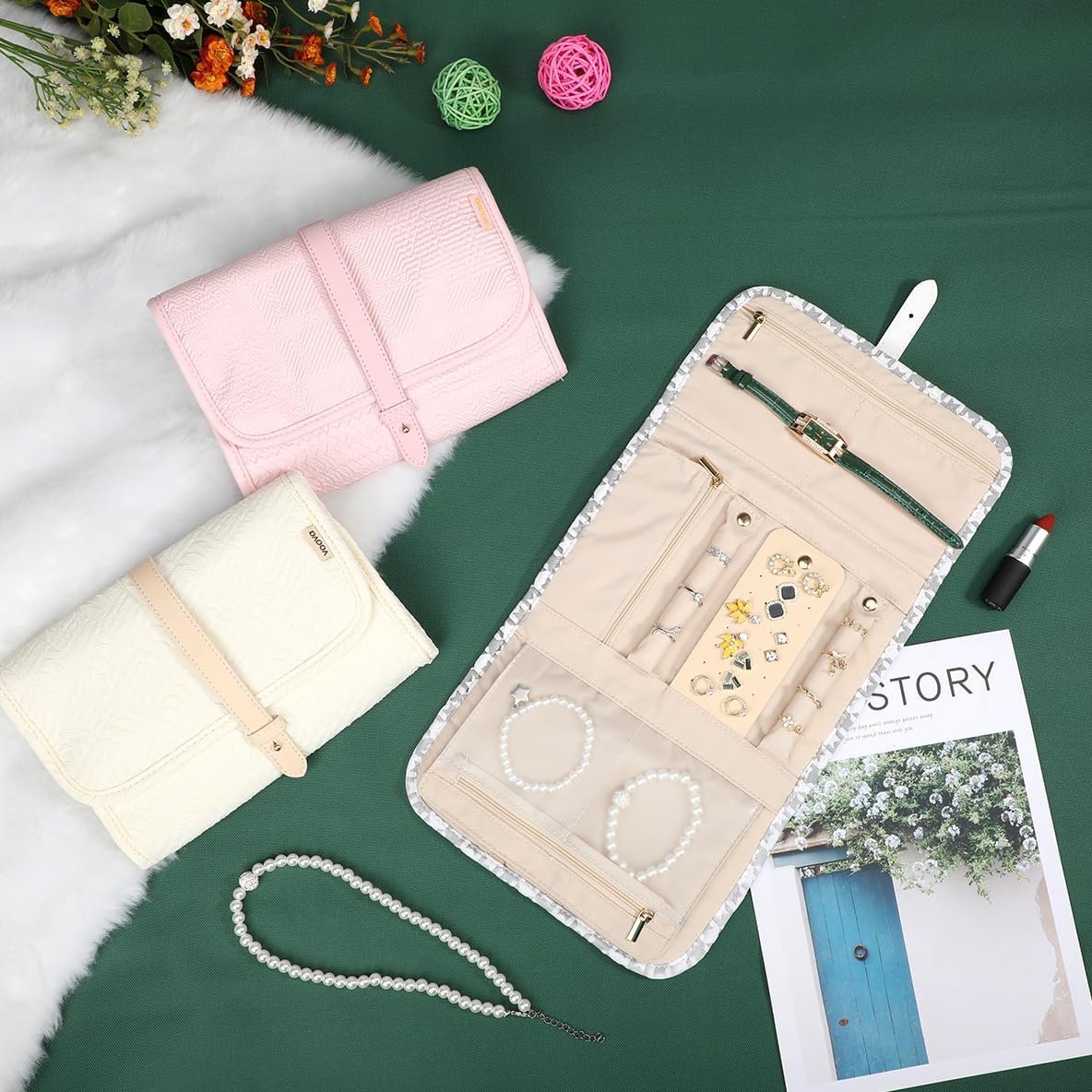 Private Label Travel Jewelry Organizer Case Manufacturer Large Foldable Storage Pouch Roll for Necklaces Rings Earrings Bracelets Custom Logo Light Pink