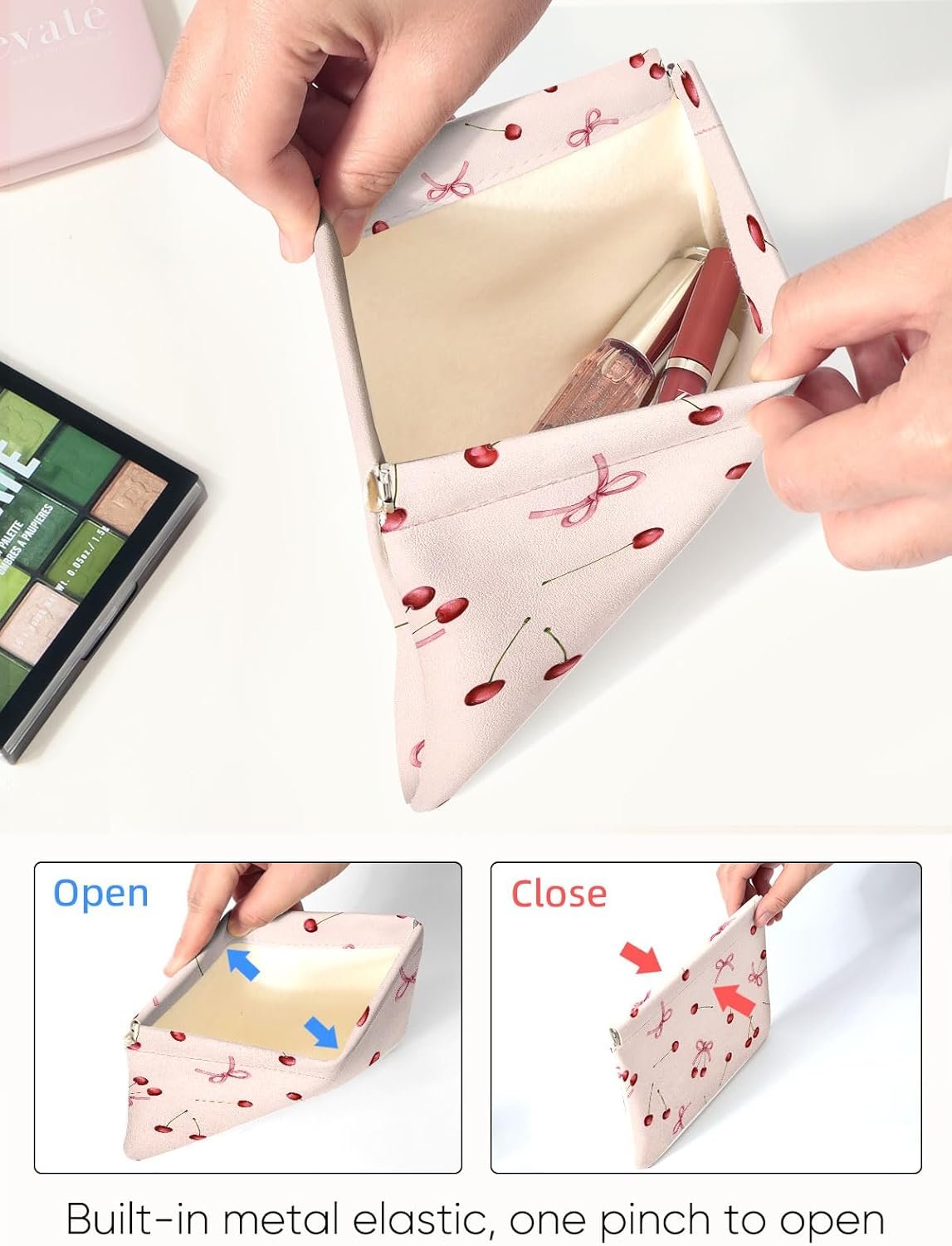 Private Label Red Cherry Bow Pink Leather Small Makeup Pouch Set for Women Custom Logo Waterproof Cherries Cosmetic Bags Pouches for Purse Aesthetic Travel Toiletry Bag Manufacturer