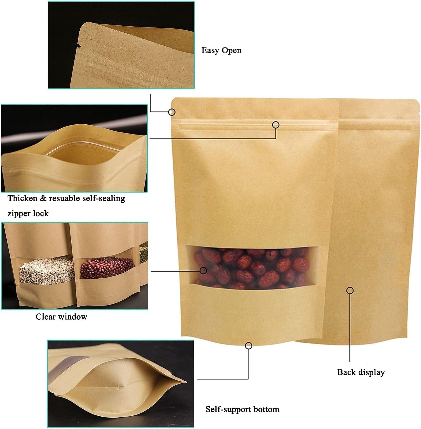 Private Label 100pcs Kraft Paper Treat Bags with Window Ziplock Stand Up Pouches Custom Logo for Food Cookies Snacks Manufacturer