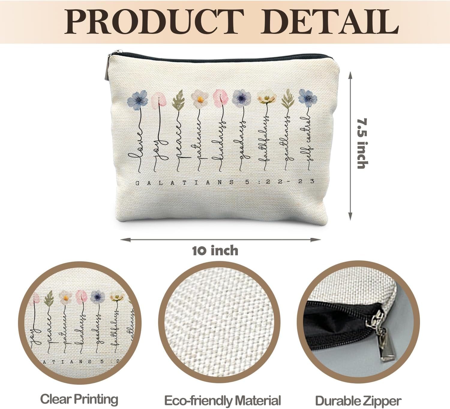 Private Label Floral Christian Makeup Bags for Women Custom Logo Galatians 5:22-23 Bible Verse Zipper Pouch Manufacturer