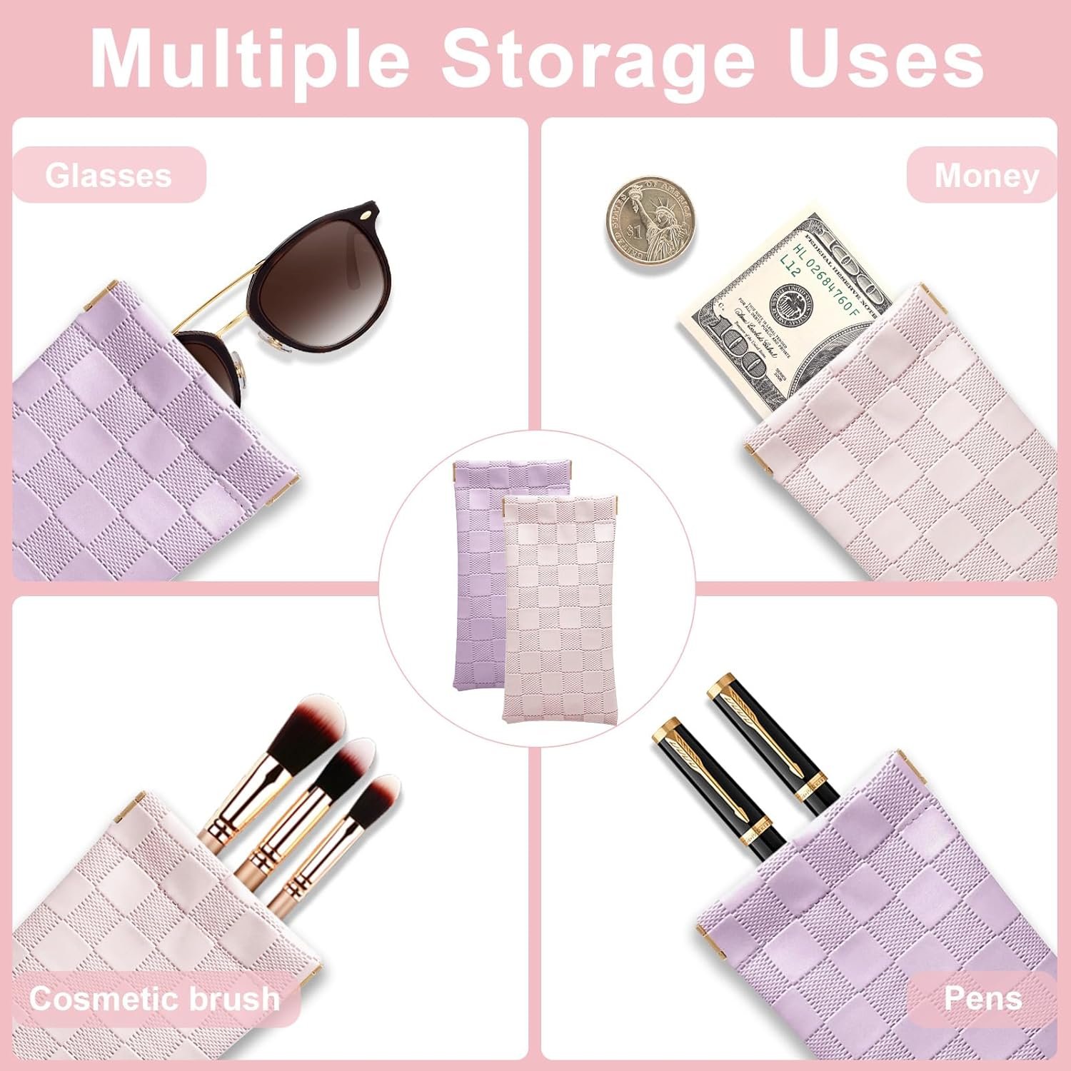 Private Label 4Pcs Small Checkered Leather Makeup Bags for Purse, Custom Logo Mini Purse Pouches and Coin Purse Organizers Manufacturer, Portable No Zipper Cosmetic Bags for Women (Pink, Purple)