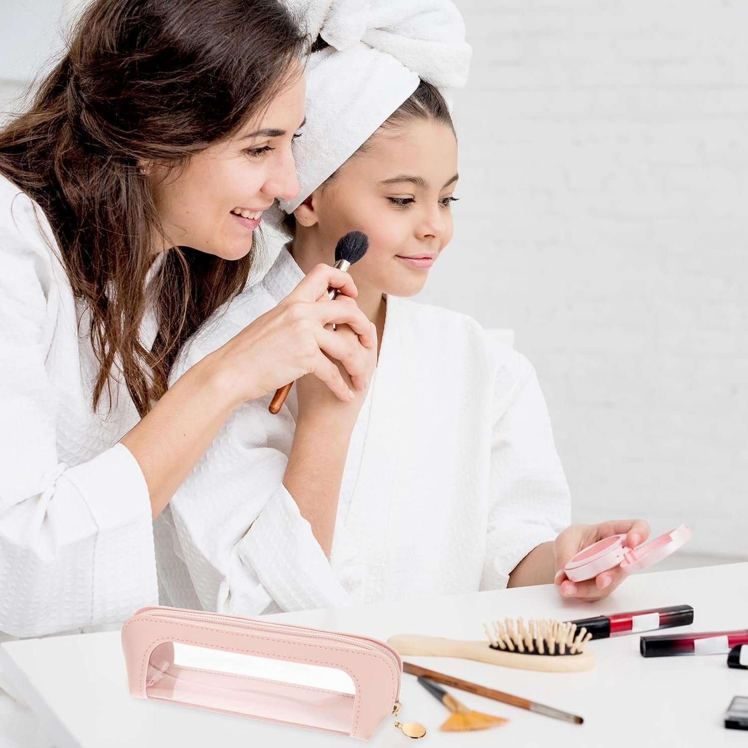 Manufacturer Small Clear PU Leather Makeup Brush Bag, Custom Logo Portable Zipper Pouch, Private Label Multi-use Cosmetic Organizer for Women (Pink)