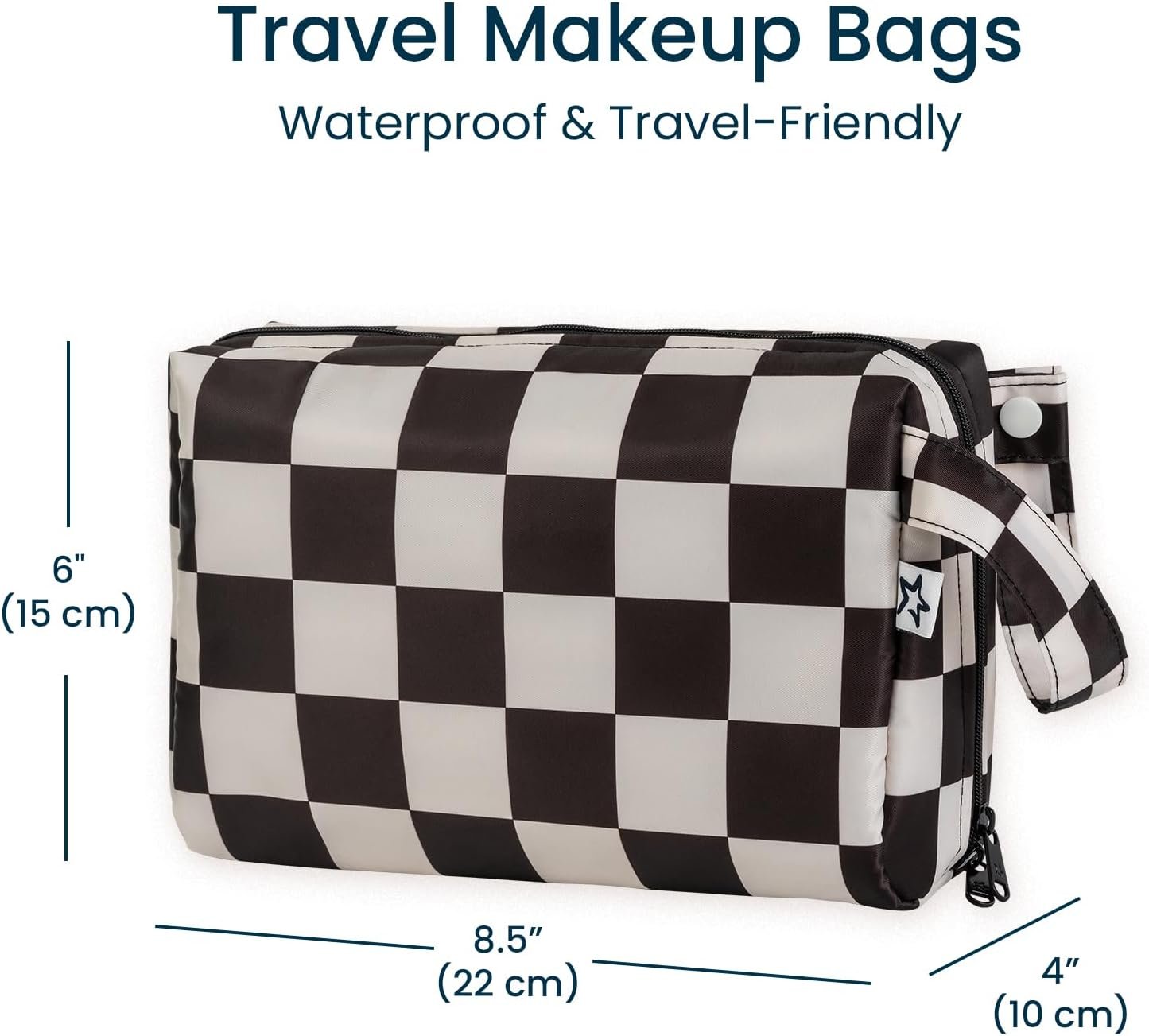 Custom Logo Waterproof Travel Toiletry & Makeup Bag Organizer | Private Label Pouch with Multiple Compartments & Snap Handle for Travel | Manufacturer Gift for Teen Girls and Women Black Checkers