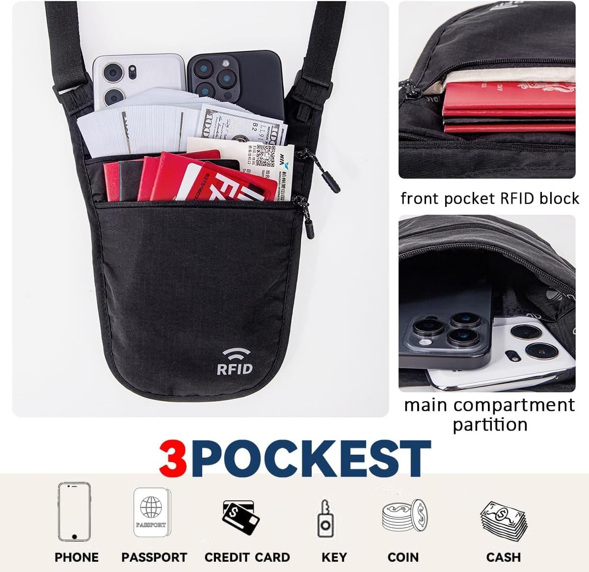 Private Label Crossbody Money Belt for Travel Women & Men - Custom Logo Hidden Slim Passport Holder RFID Blocking Neck Wallet Under Clothes from Manufacturer (Black)