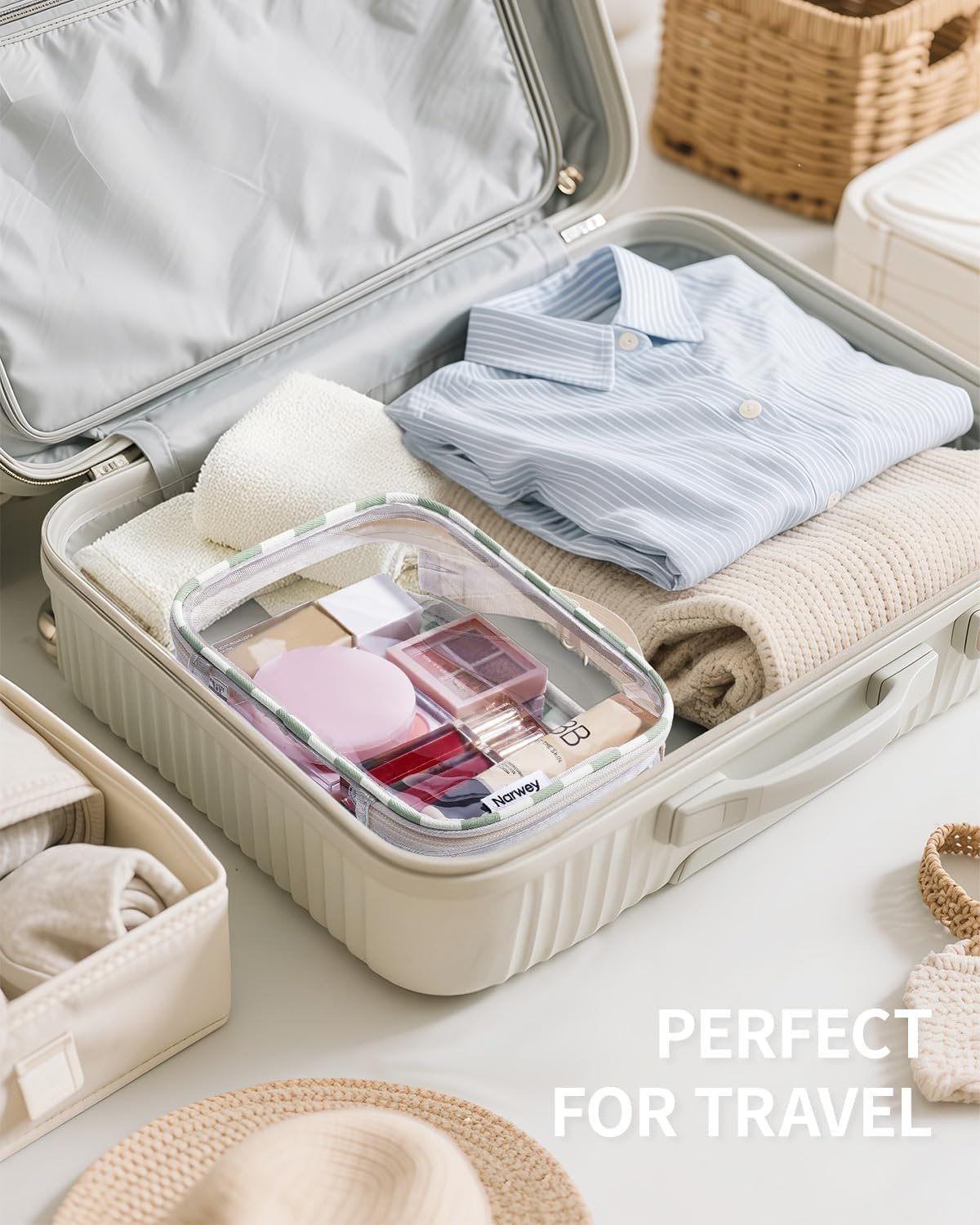 Private Label TSA Approved Clear Toiletry Bag for Travel, Custom Logo Waterproof PVC Compact Makeup Cosmetic Organizer, Quart Size Portable Airport Airline Compliant Bag from Manufacturer (Mint Green Checkerboard)