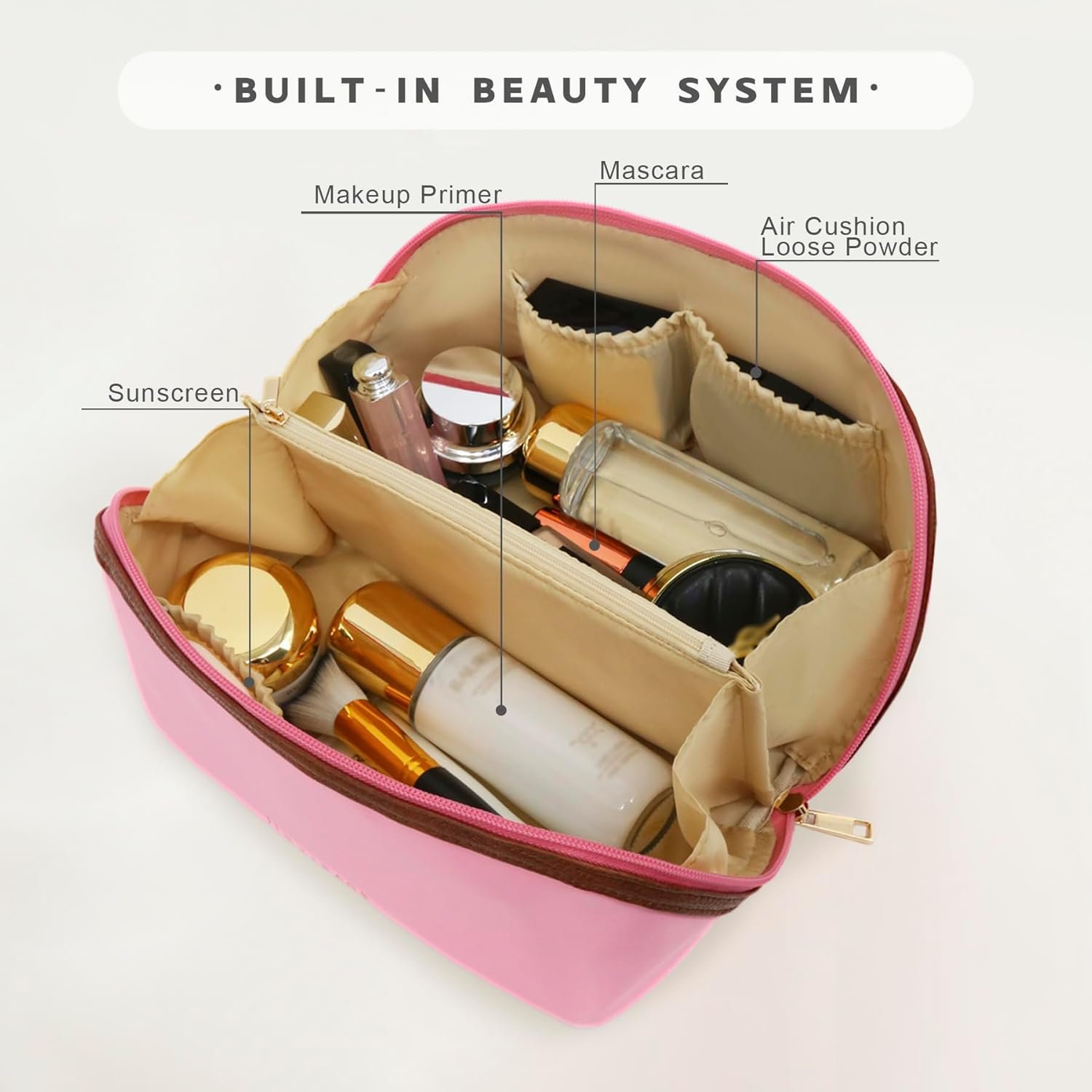 Private Label Large Travel Makeup Bag Cosmetic Organizer with Custom Logo Waterproof Nylon Smooth Double Zipper and Tear-Resistant Lining Toiletry Pouch for Women Pink Factory