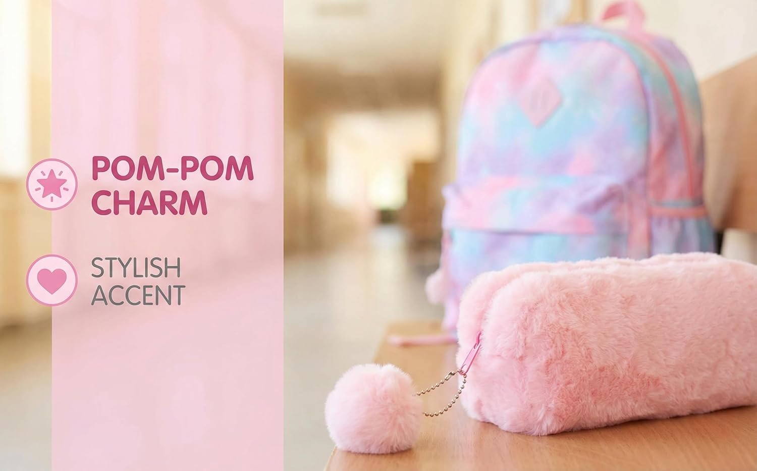 Private Label Cute Fluffy Faux Fur Pink Pencil Pouch Bag Pen Case, Soft Plush Organizer with Zipper Pom Pom Charm and Custom Logo, Kawaii Stationery Manufacturer for Girls