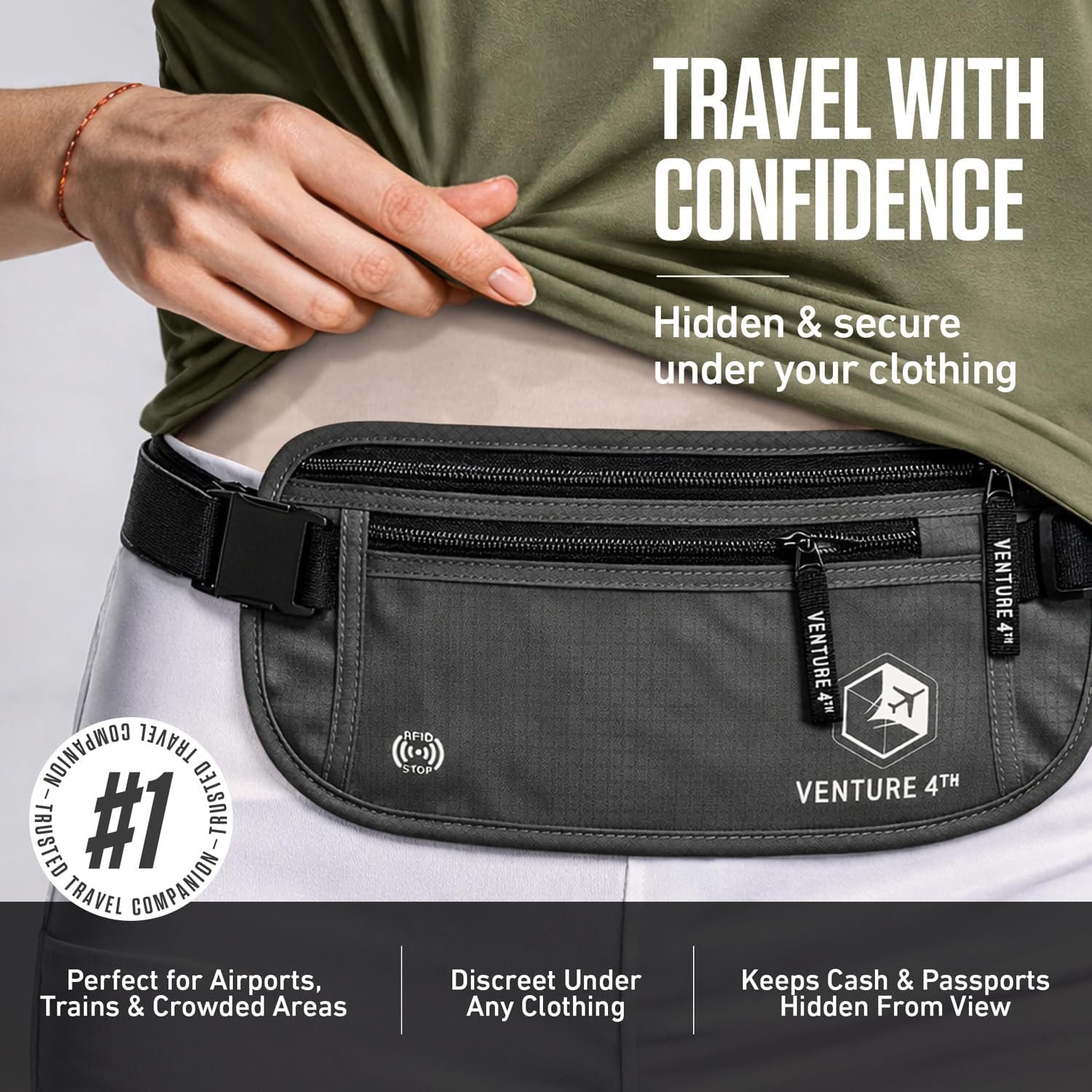 Custom Logo Money Belt for Travel – RFID Blocking Hidden Under-Clothes Passport Holder & Private Label Slim Travel Wallet Pouch for Men & Women to Protect Cash Cards & Documents from Factory (Gray)