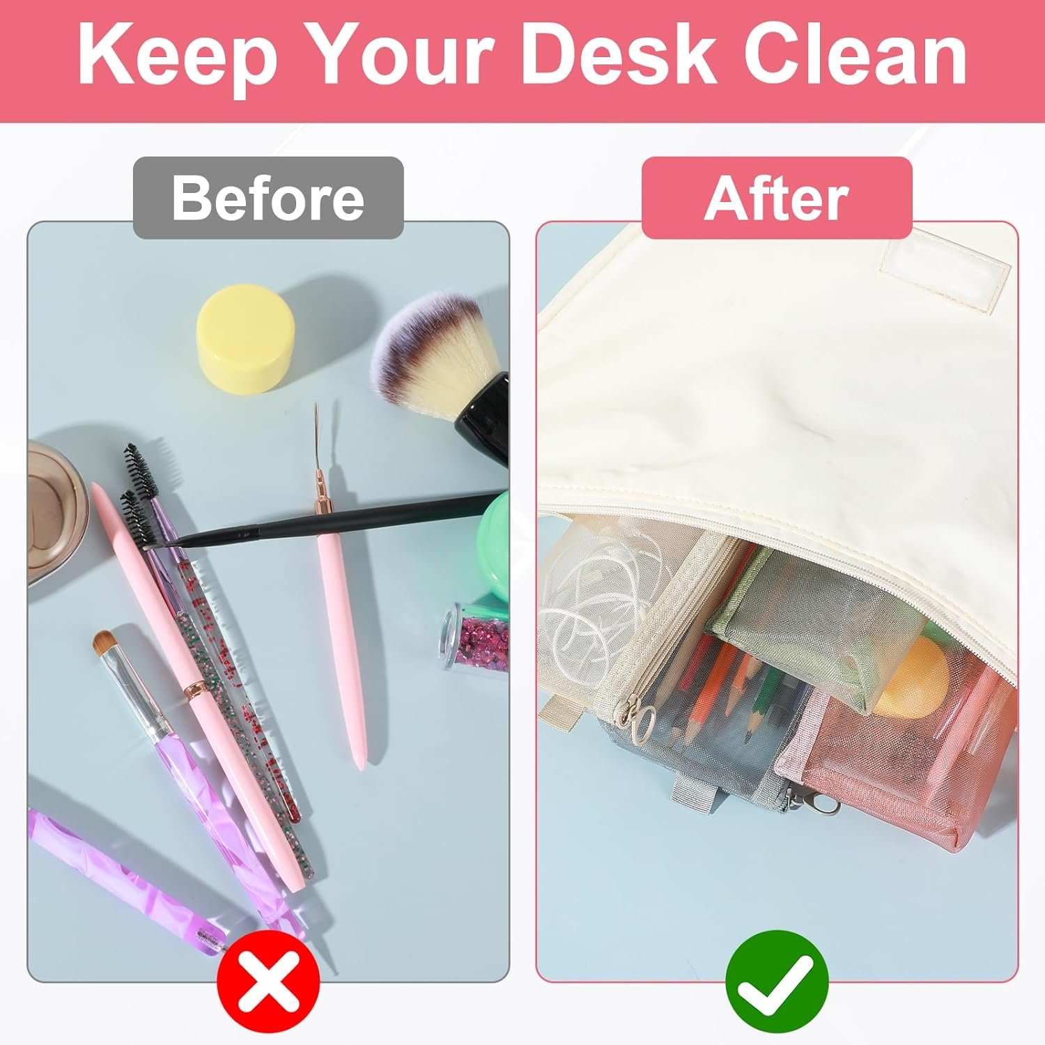 Custom Logo 4PCS Small Clear Triangle Mesh Makeup Brush Bags, Private Label Portable Transparent Cosmetic Organizer Pouch with Zipper for Home Office Cosmetics Travel Accessories Supplier