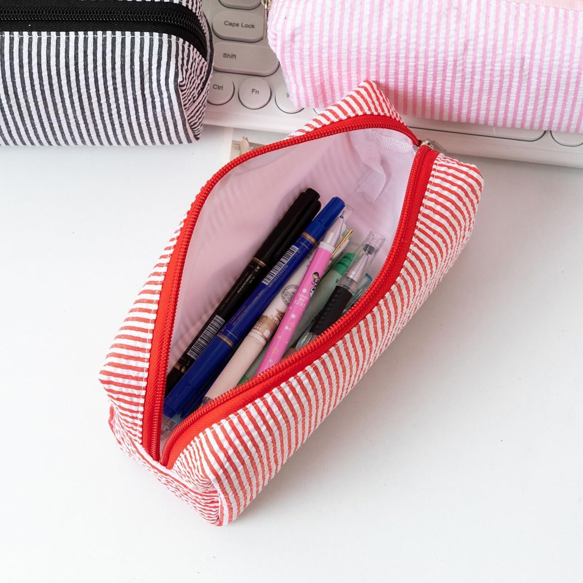 Custom Logo Seersucker Pencil Case Desktop Stationery Large Capacity Embroidery Striped Travel Storage Bag Private Label Multifunctional Cosmetic Pouch Factory Light Blue