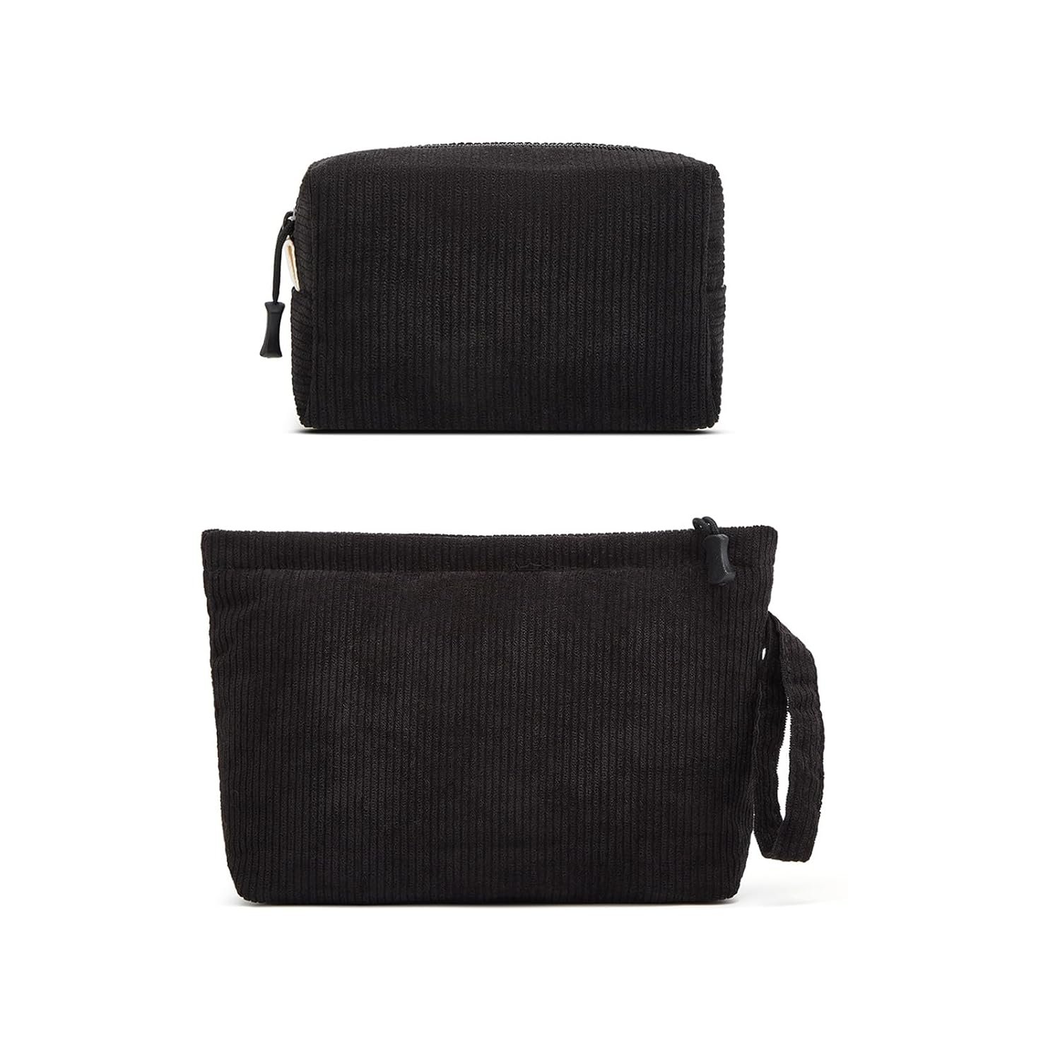 Private Label Small Corduroy Makeup Cosmetic Bag Set for Women Purse Organizer with Interior Pockets Custom Logo Cute Pencil Zipper Pouch Travel Toiletry Bag with Handle Black Manufacturer