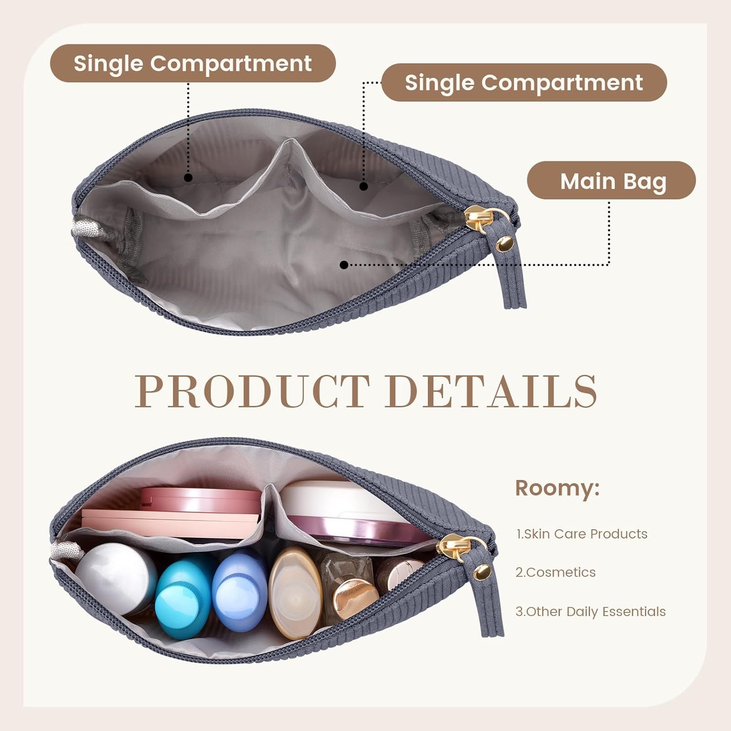 Custom Logo Small Corduroy Makeup Bag, Private Label Cosmetic Pouches for Purse Keys Lipstick Cards Data Cable Organizer Supplier (Grey,Small)