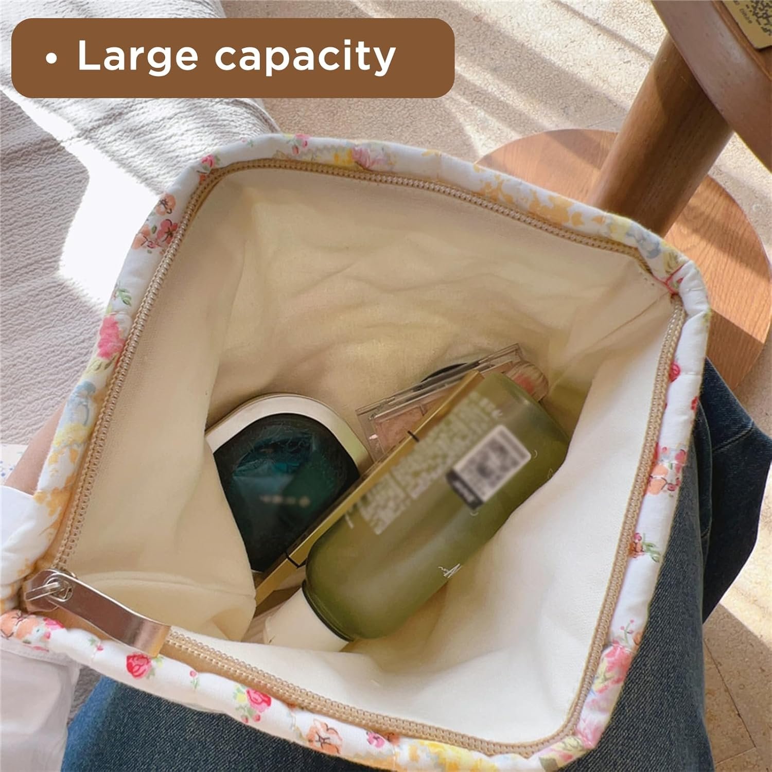 Custom Logo Floral Makeup Bag Pouch Large Capacity - Private Label Quilted Cosmetic Organizer for Travel Daily Aesthetic Cottagecore Cotton Toiletry Bag with Zipper Portable Gift for Women Direct Manufacturer (Blue Floral-L)