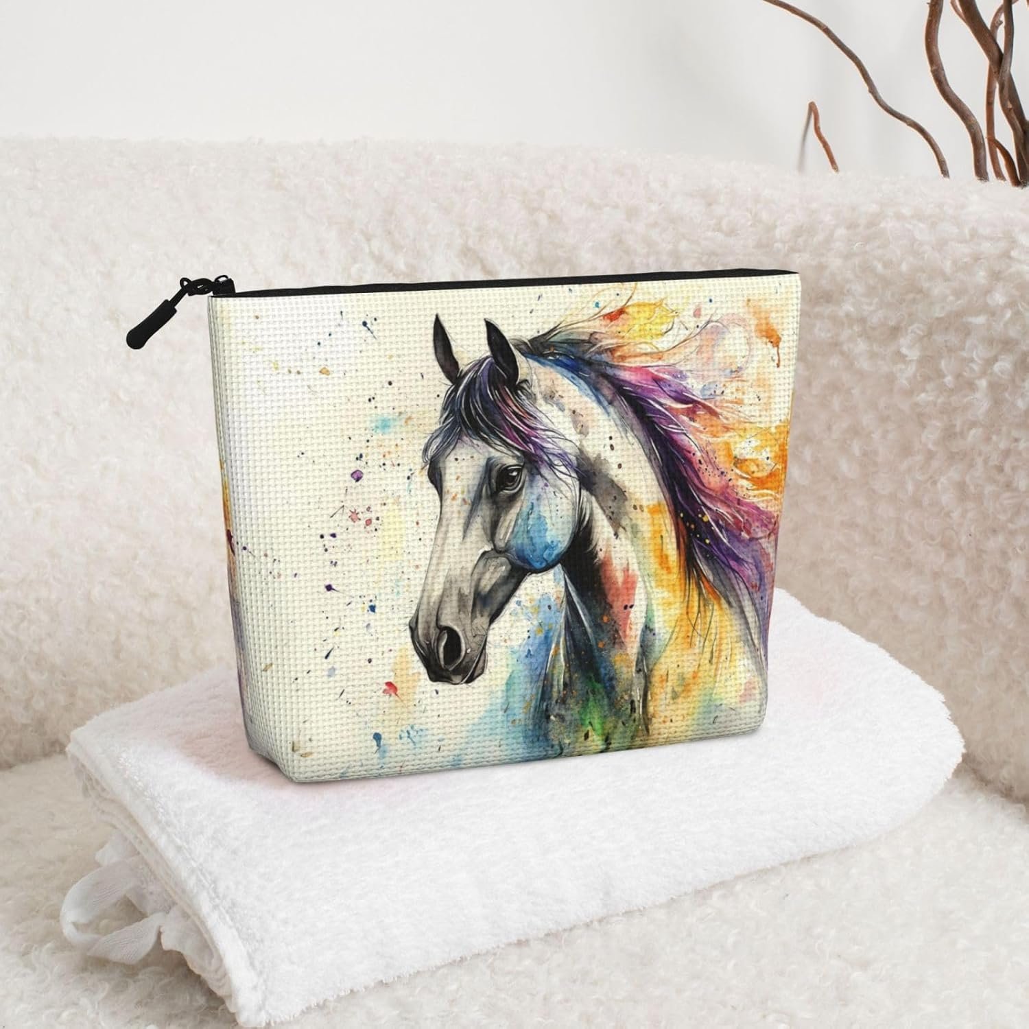 Custom Logo Vintage Horse Fake Hemp Water Resistant Makeup Bag Private Label Cosmetic Pouch with Zipper Travel Organizer Manufacturer Toiletry Storage