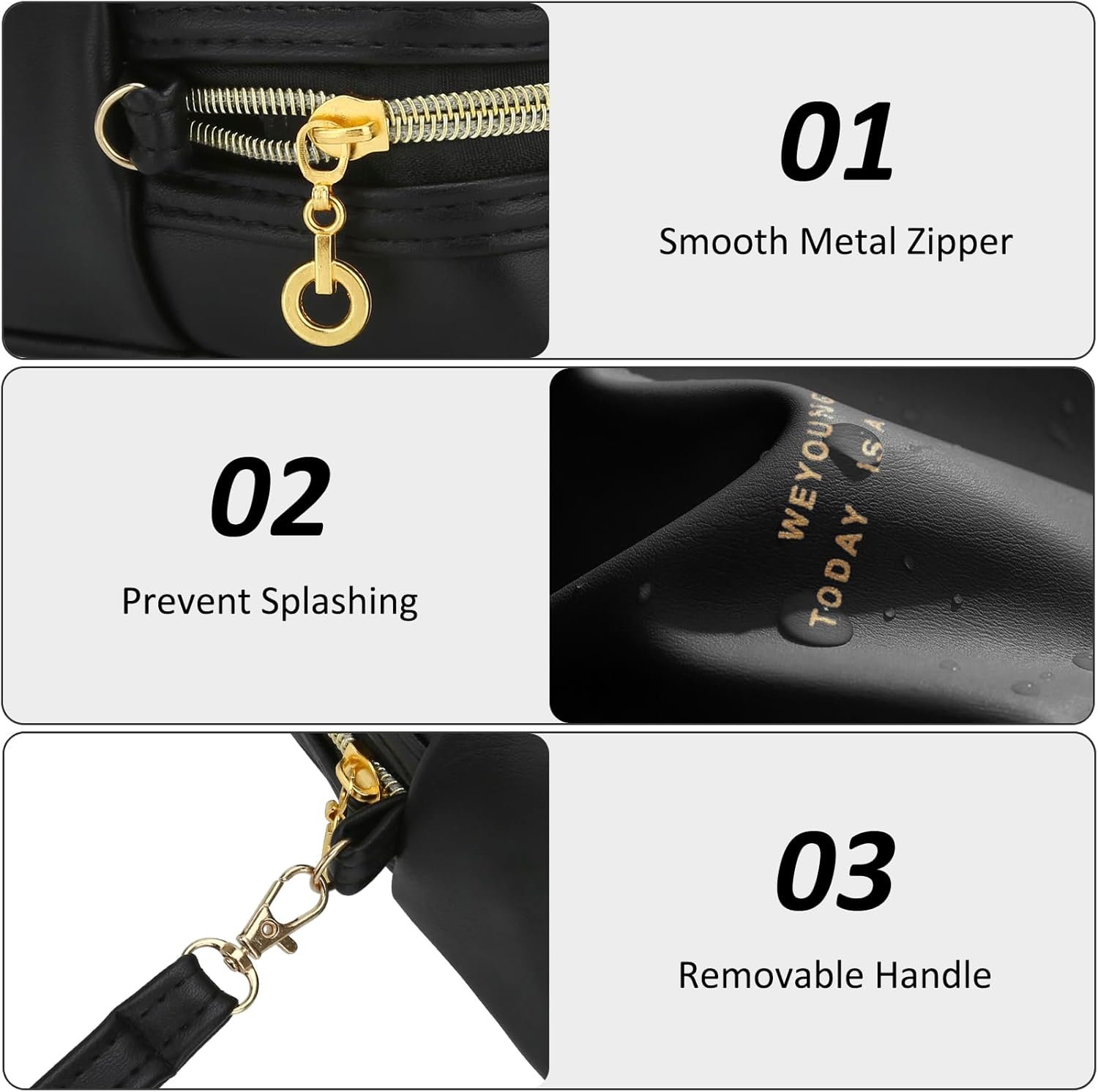 Manufacturer Small Makeup Bag Travel Cosmetic Toiletry Zipper Pouch Private Label Organizer with Handle Soft PU Leather Skincare Case Custom Logo for Women (Black)