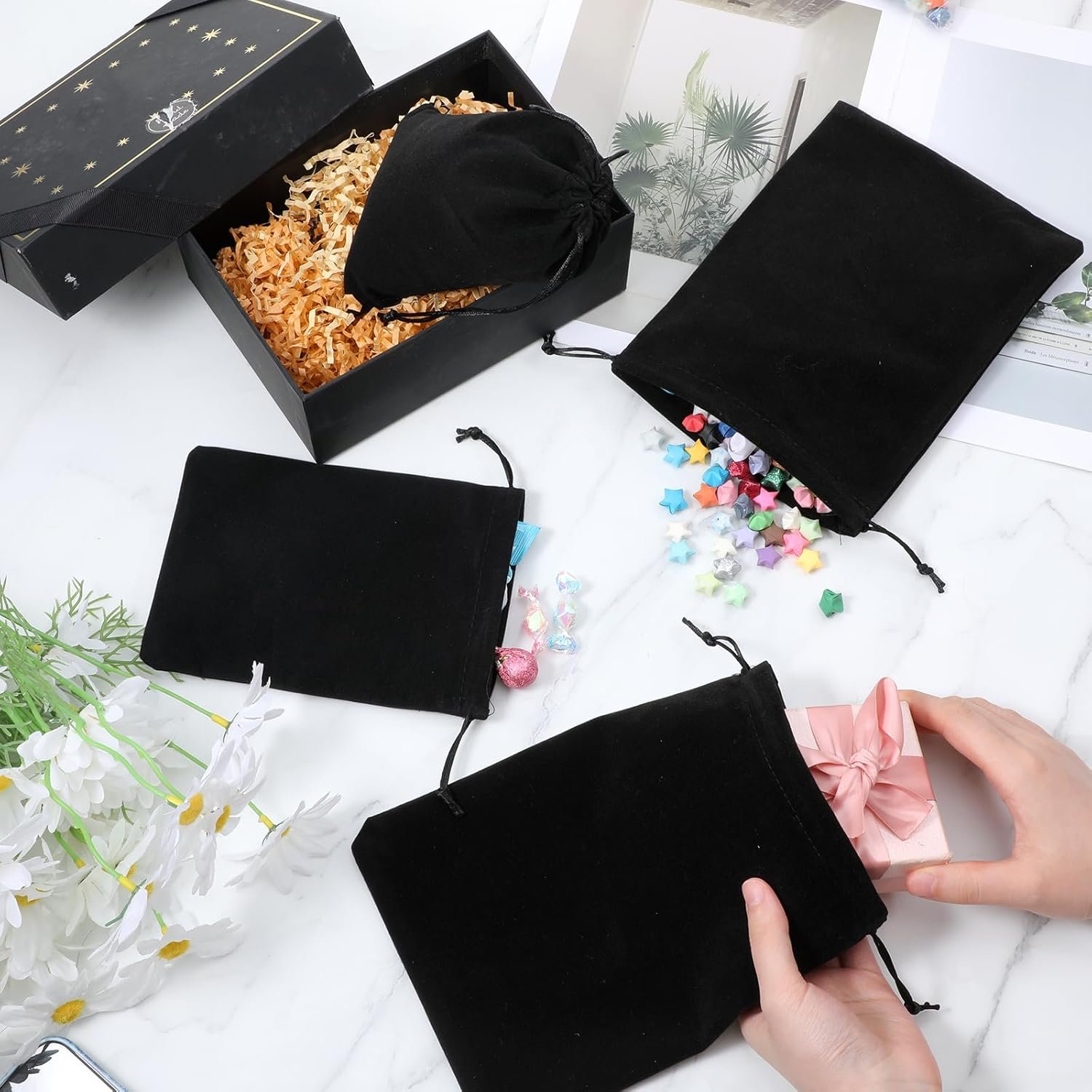 Private Label Black Velvet Jewelry Pouches with Drawstrings 6 Pack 2 Sizes 5x7 & 6x9 Inch Custom Logo for Candy Gifts Wedding Party Favors Christmas Manufacturer