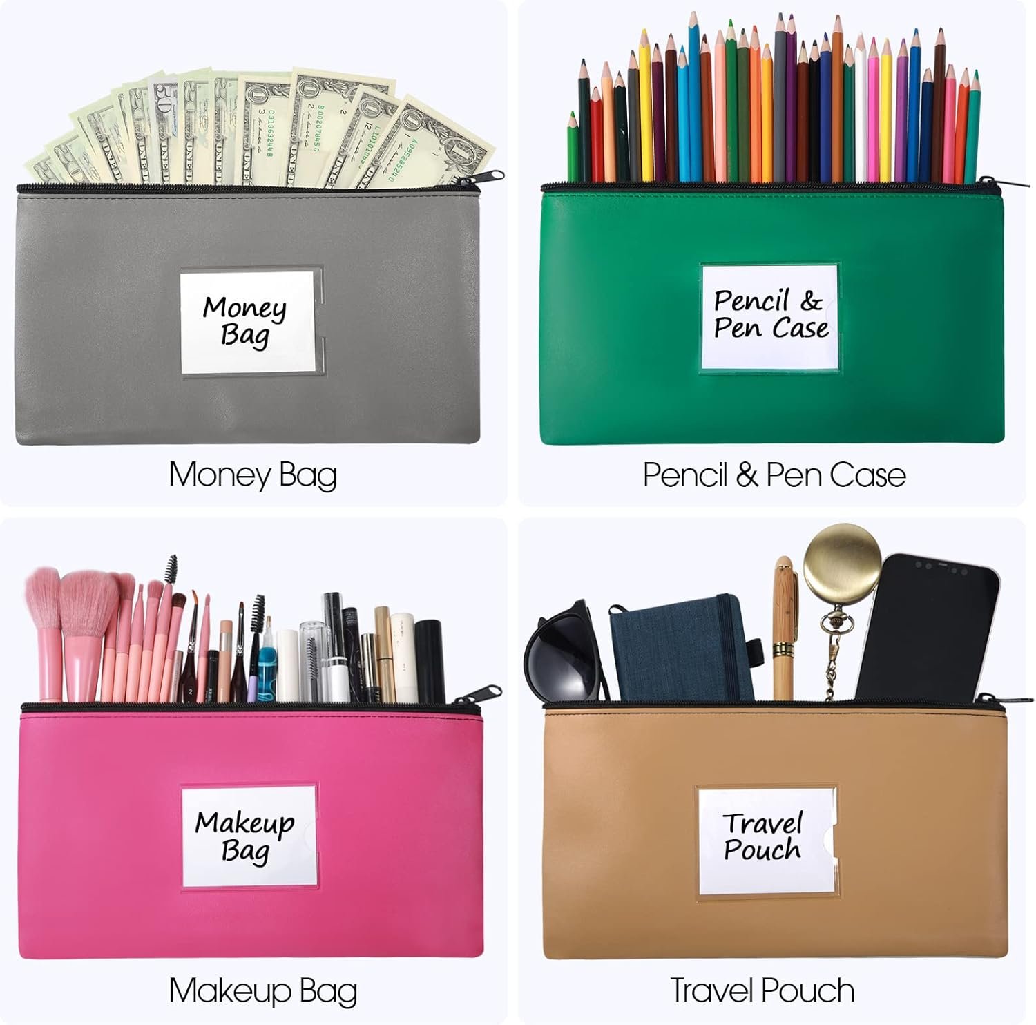 Private Label 30 Pieces 11 x 6 Inch Zipper Security Bank Deposit Bags Clear Window Leatherette Cash Coin Pouches Multicolor Manufacturer Custom Logo