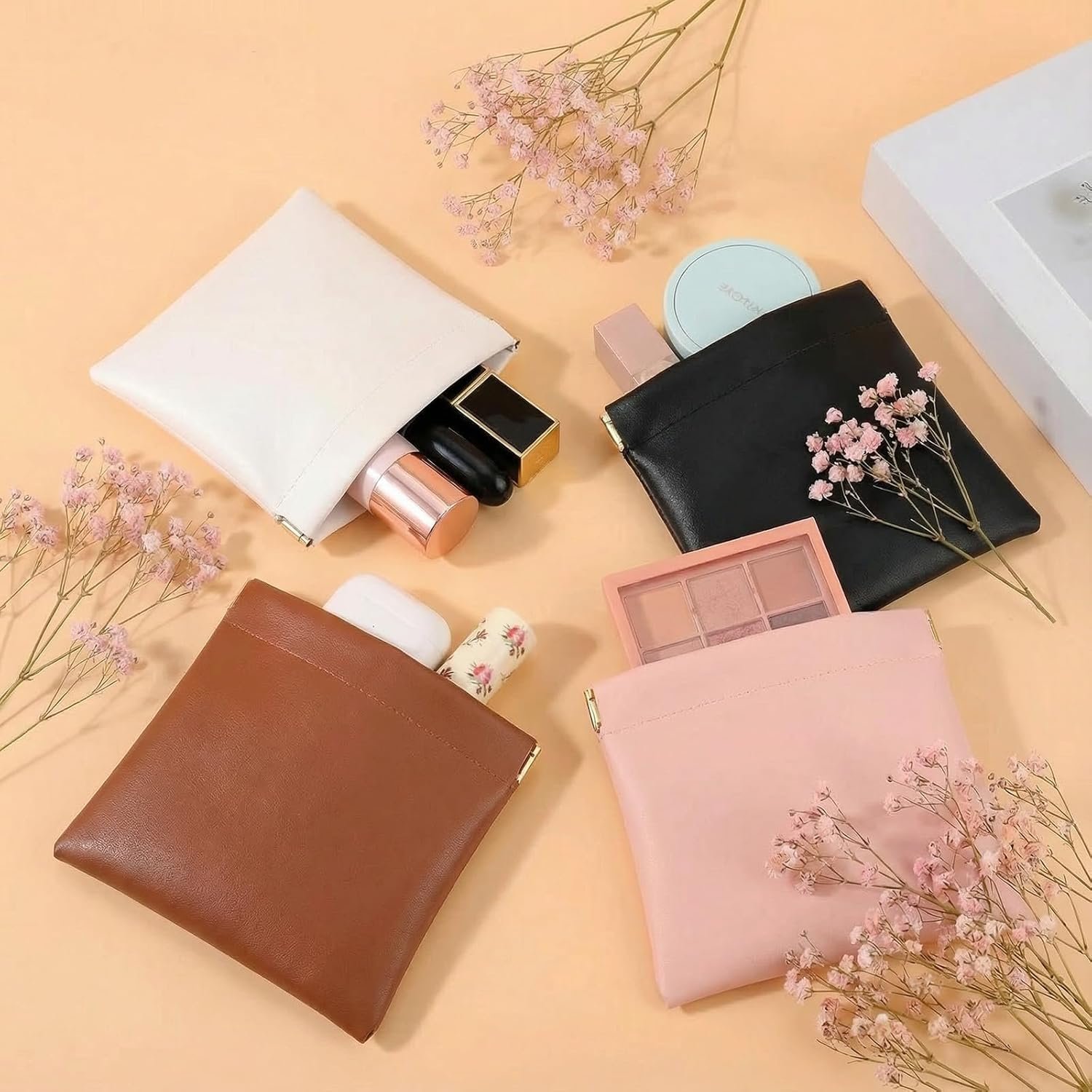 Private Label 4Pcs Small Lambskin Leather Cosmetic Makeup Coin Purse Organizer Pouches for Purse Custom Logo Snap Closure Waterproof Portable Lipstick Bags Manufacturer