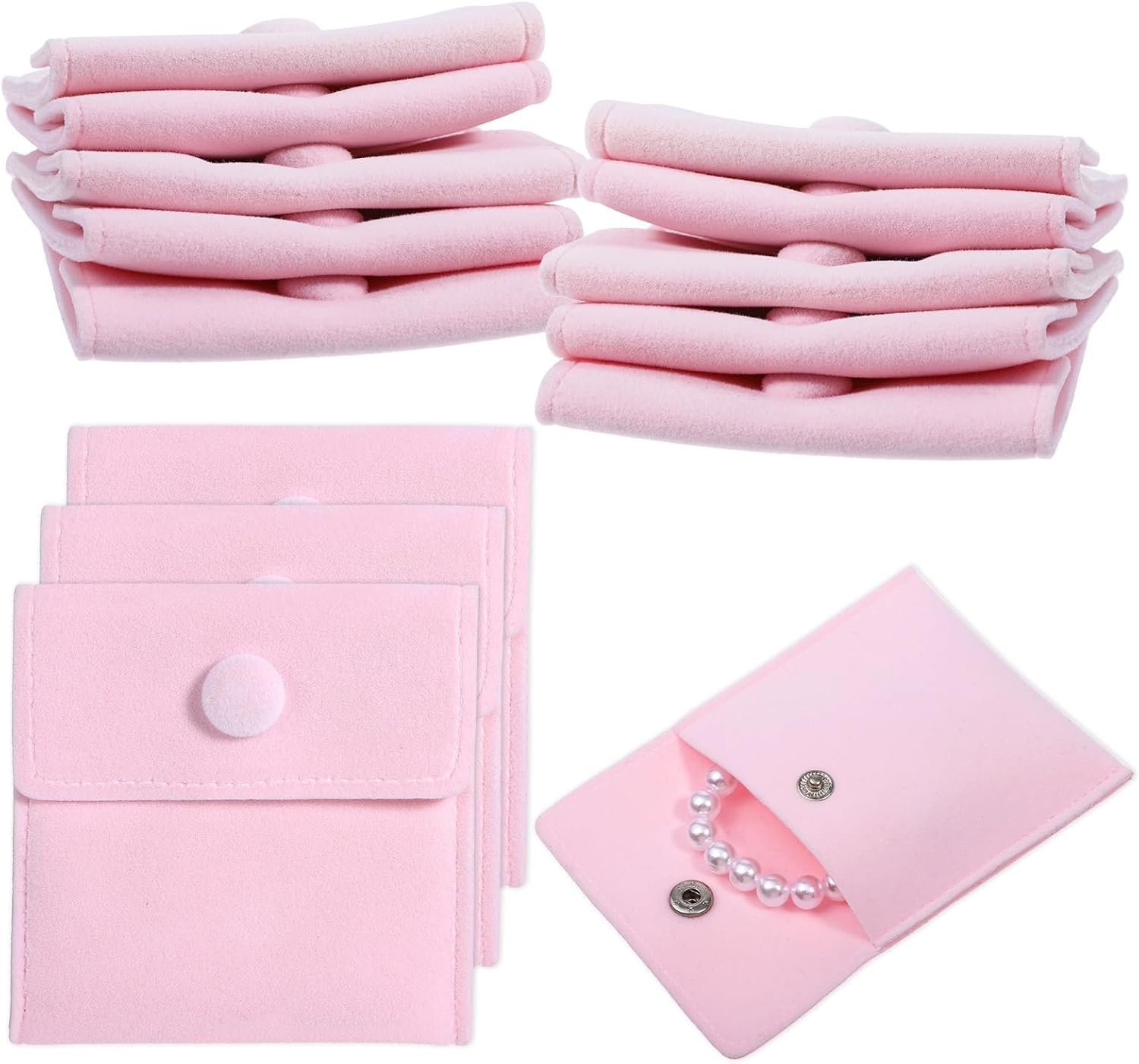 Private Label 12PCS Pink Microfiber Jewelry Pouches 7x7cm Custom Logo Luxury Small Gift Bags with Snap Button Portable for Ring Necklace Earring Bracelet Packaging Supplier