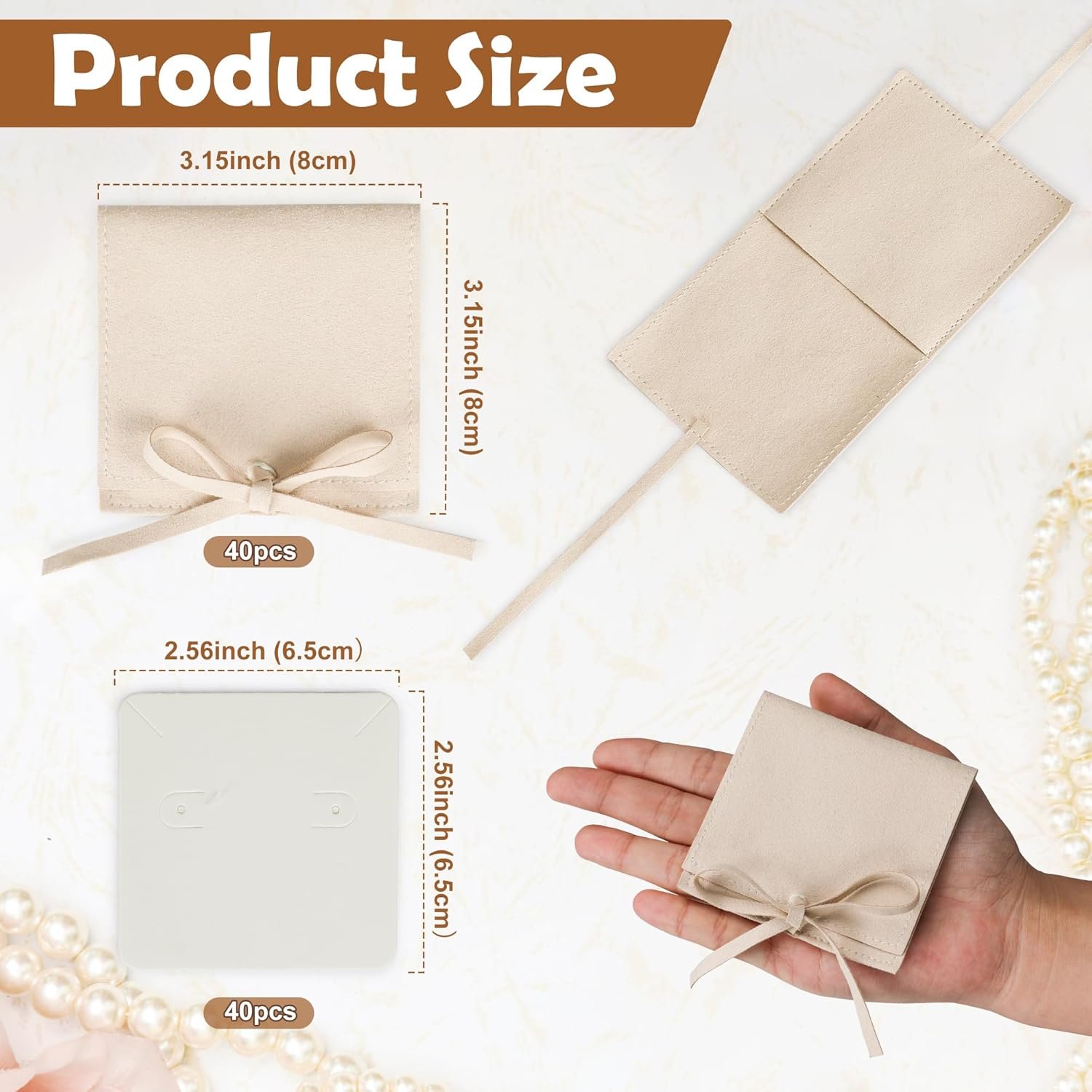 Private Label 80Pcs 40 Sets 8x8cm Beige Microfiber Jewelry Pouches with Dividers for Bracelet Necklace Packaging and 40 Luxury Small Gift Cards Bow Ties Custom Logo Manufacturer