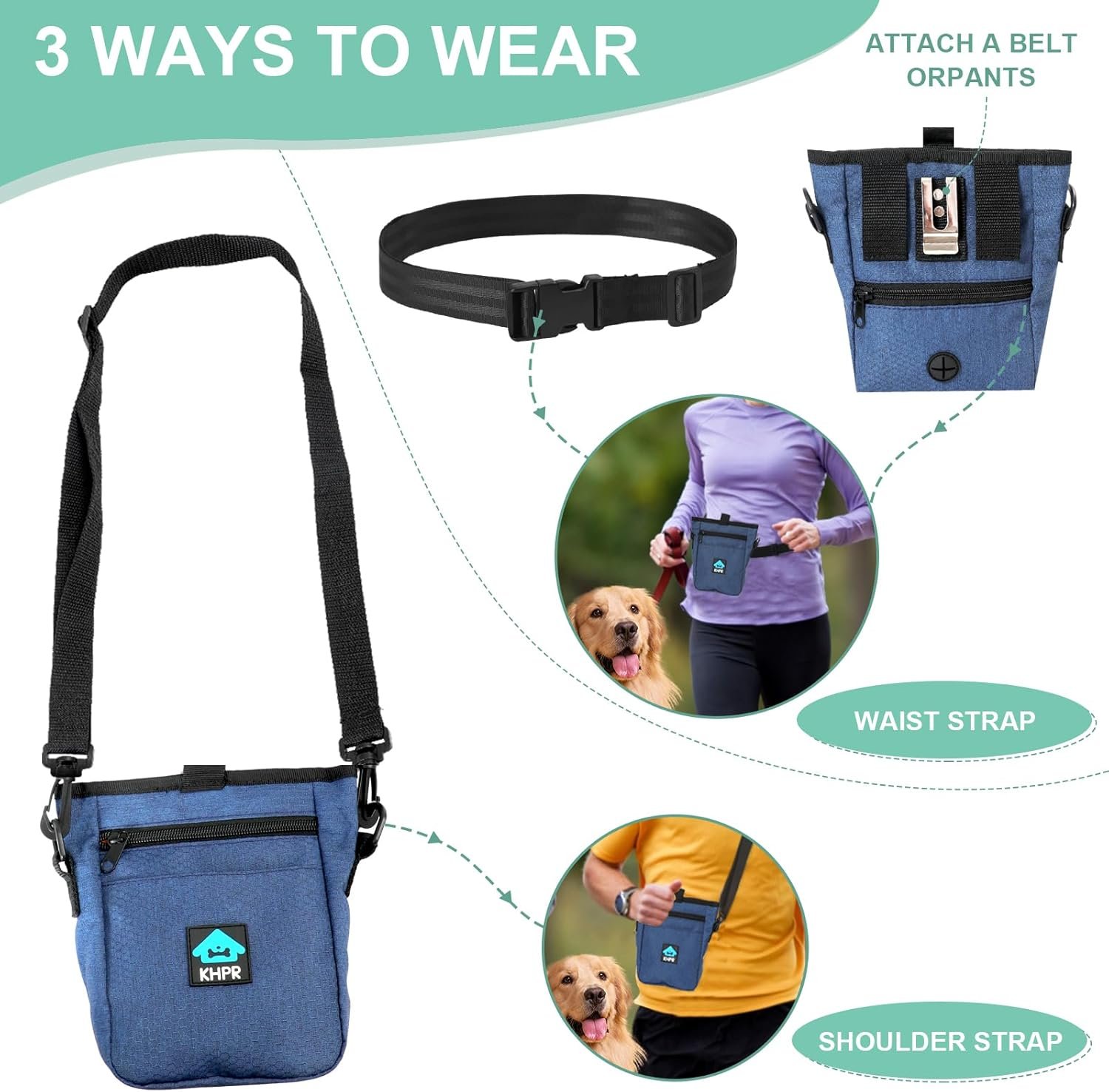 Private Label Dog Treat Pouch with Magnetic Closure Training Clicker Hands-Free Spill-Proof Design Built-in Poop Bag Dispenser Custom Logo 3 Ways to Wear Metal Clip Waist Belt Fanny Pack for Pet Walking by Manufacturer (Blue)