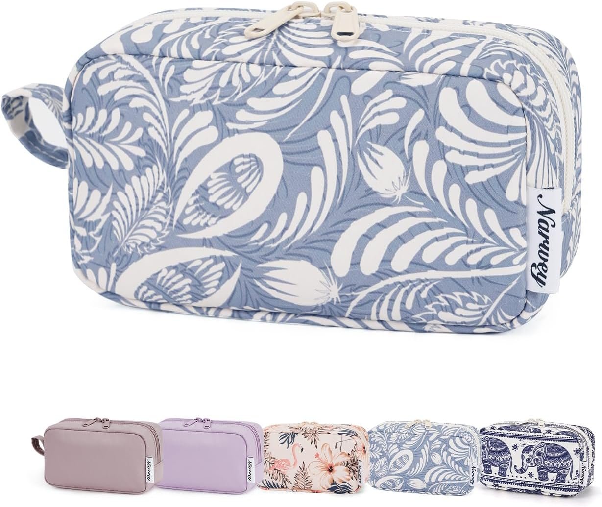 Private Label Mini Makeup Bag with Zipper, Custom Logo Organized Pockets Pouch for Women Manufacturer (Blue Leaf, Small)