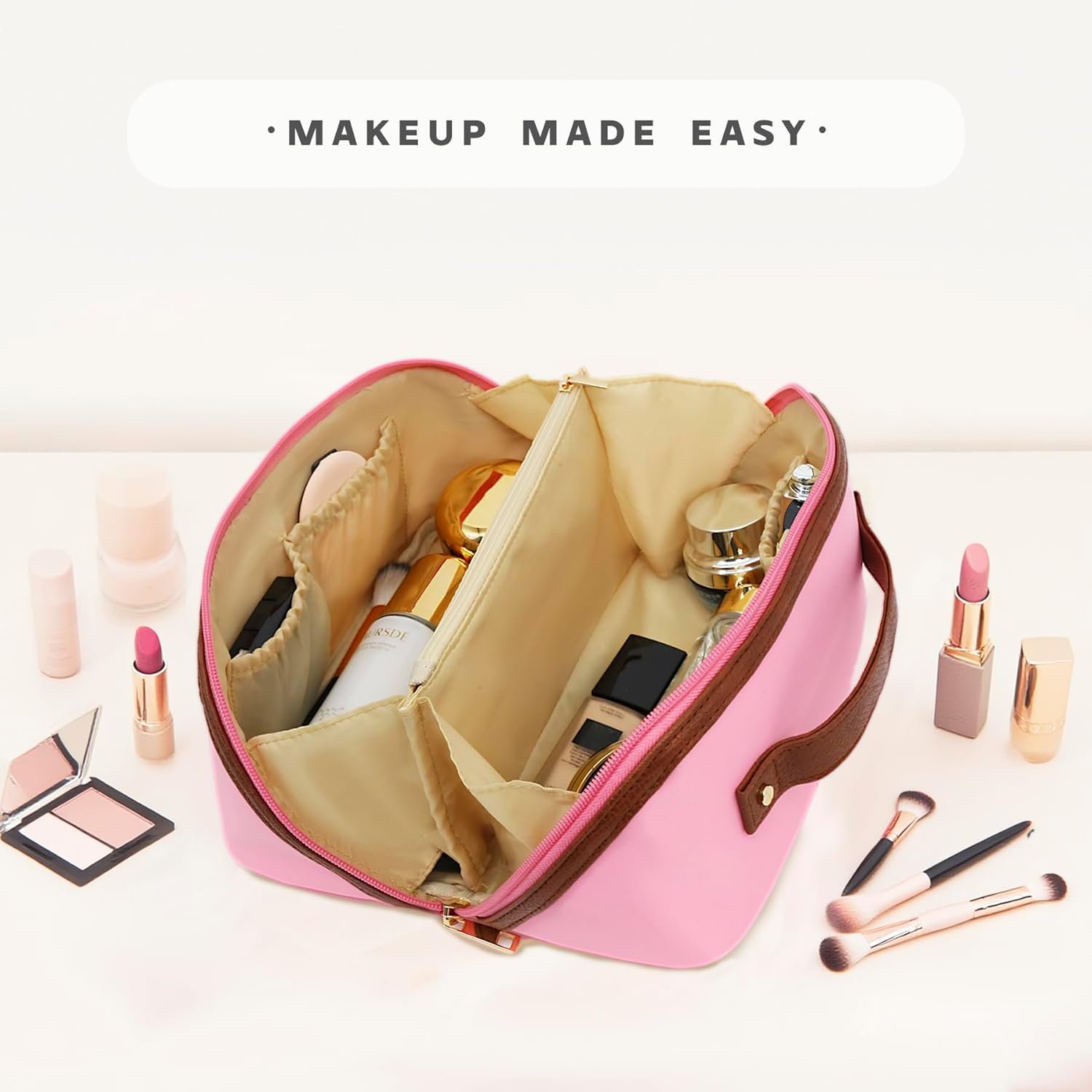 Private Label Large Travel Makeup Bag Cosmetic Organizer with Custom Logo Waterproof Nylon Smooth Double Zipper and Tear-Resistant Lining Toiletry Pouch for Women Pink Factory