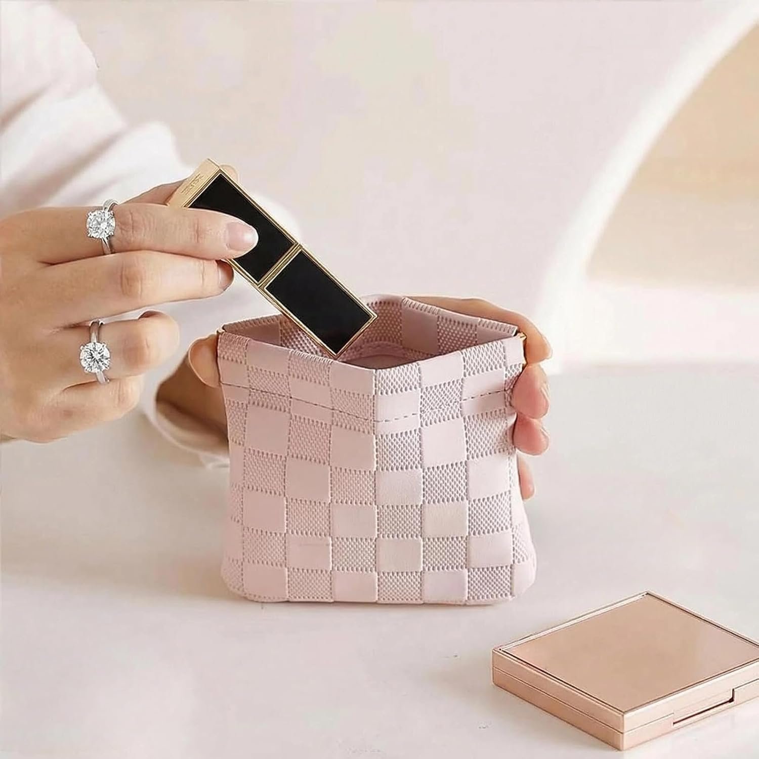 Private Label 4Pcs Small Checkered Leather Makeup Bags for Purse, Custom Logo Mini Purse Pouches and Coin Purse Organizers Manufacturer, Portable No Zipper Cosmetic Bags for Women (Pink, Purple)