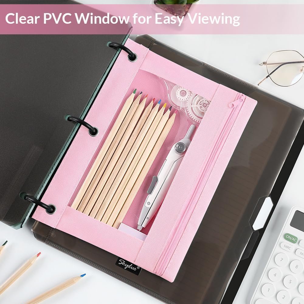Custom Logo Pencil Pouch for 3 Ring Binder Zipper with Clear Window Private Label Pink & Purple Supplier