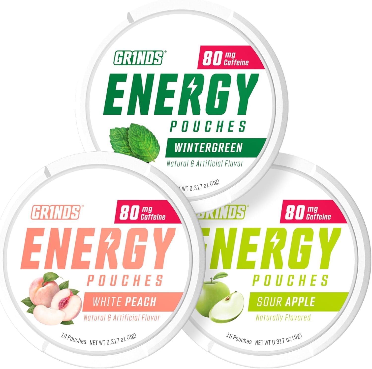 Private Label Natural Caffeine Energy Pouches - B-Vitamins Sugar-Free 0 Calories 80mg Caffeine Per Pouch - Custom Logo Wintergreen Peach Sour Apple - Manufacturer 3 Pack 15 Pouches Per Can