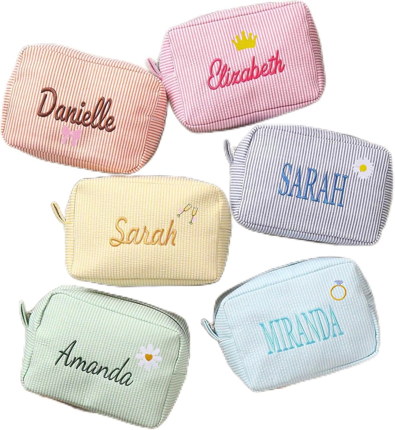 Private Label Personalized Cosmetic Bag with Name and Custom Logo, Cute Seersucker Makeup Travel Organizer Pouch for Women Girls Bridesmaid Cute Pattern Matching Bags Manufacturer