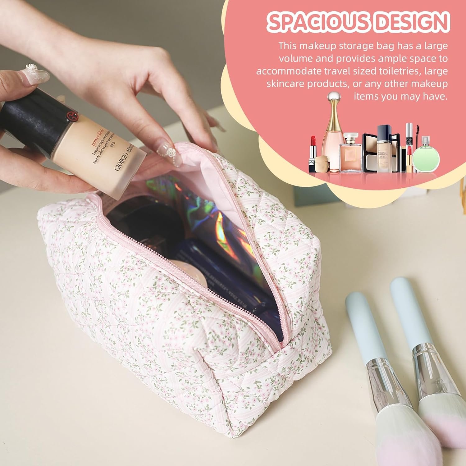 Private Label Floral Quilted Makeup Toiletry Bag with Zipper, Custom Logo Cosmetic Pouch for Daily Travel Skincare, Manufacturer Multipurpose Organizer (Blossom Blush Pink)