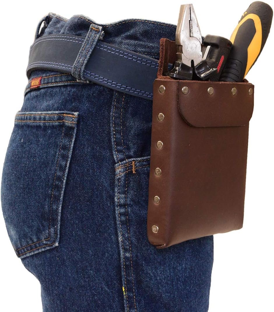 Private Label Riveted Squared Tool Pouch for Waist Belt Heavy Duty Full Grain Leather Case with Custom Logo Rustic Handmade Tool Organizer Bourbon Brown Manufacturer