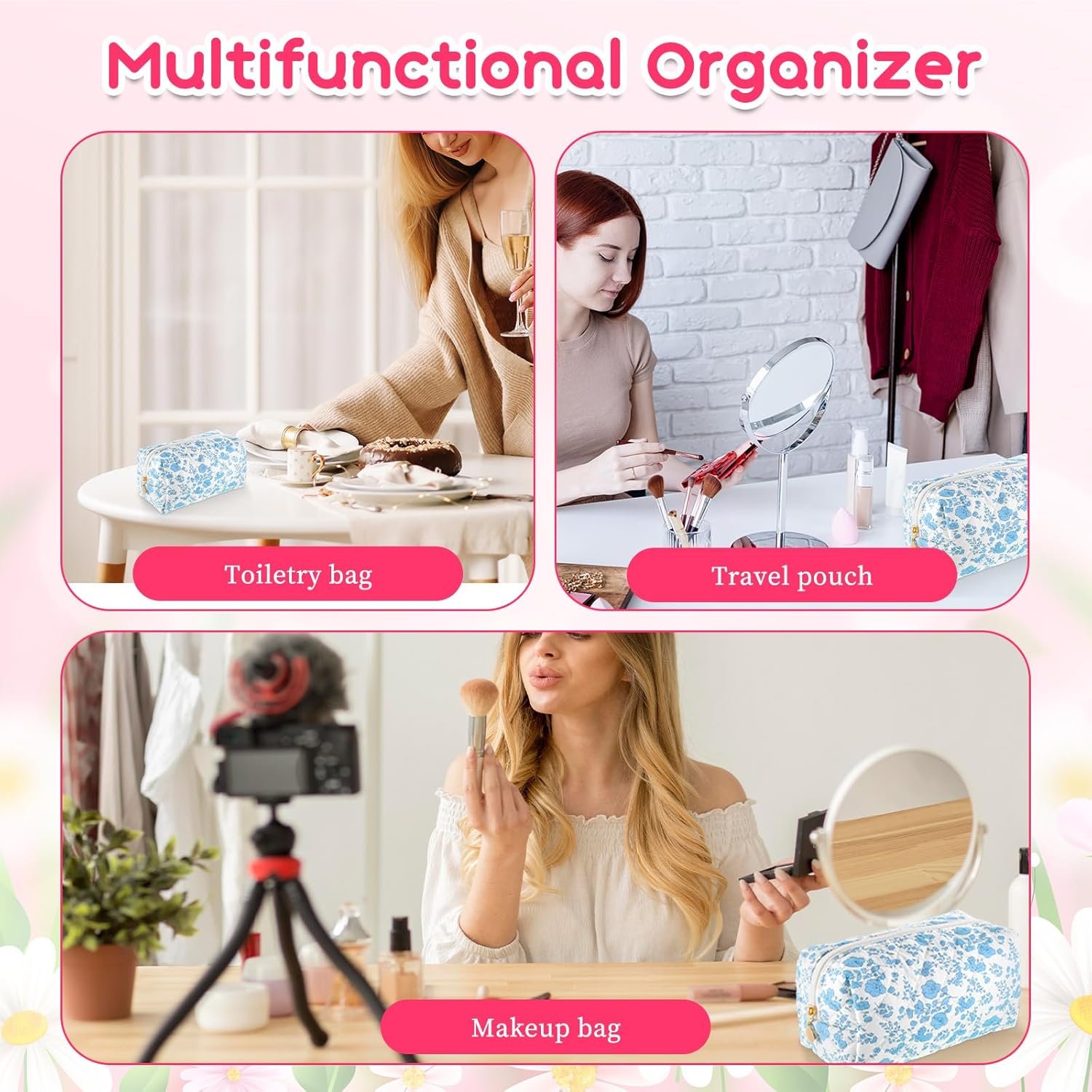 Custom Logo Floral Makeup Bag Travel Cosmetic Organizer Manufacturer Aesthetic Quilted Cute Pink Flowers Zipper Toiletry Pouch Private Label Portable Cloth Storage for Women Girls Pen Case (White Orchid)