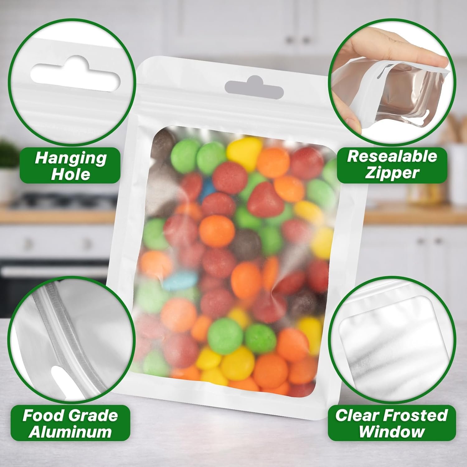 Private Label 100 PCS Multicolor Resealable Mylar Bags with Custom Logo and Frosted Clear Window Foil Zipper Pouches for Food Jewelry Storage from Manufacturer (4.72x7.87)
