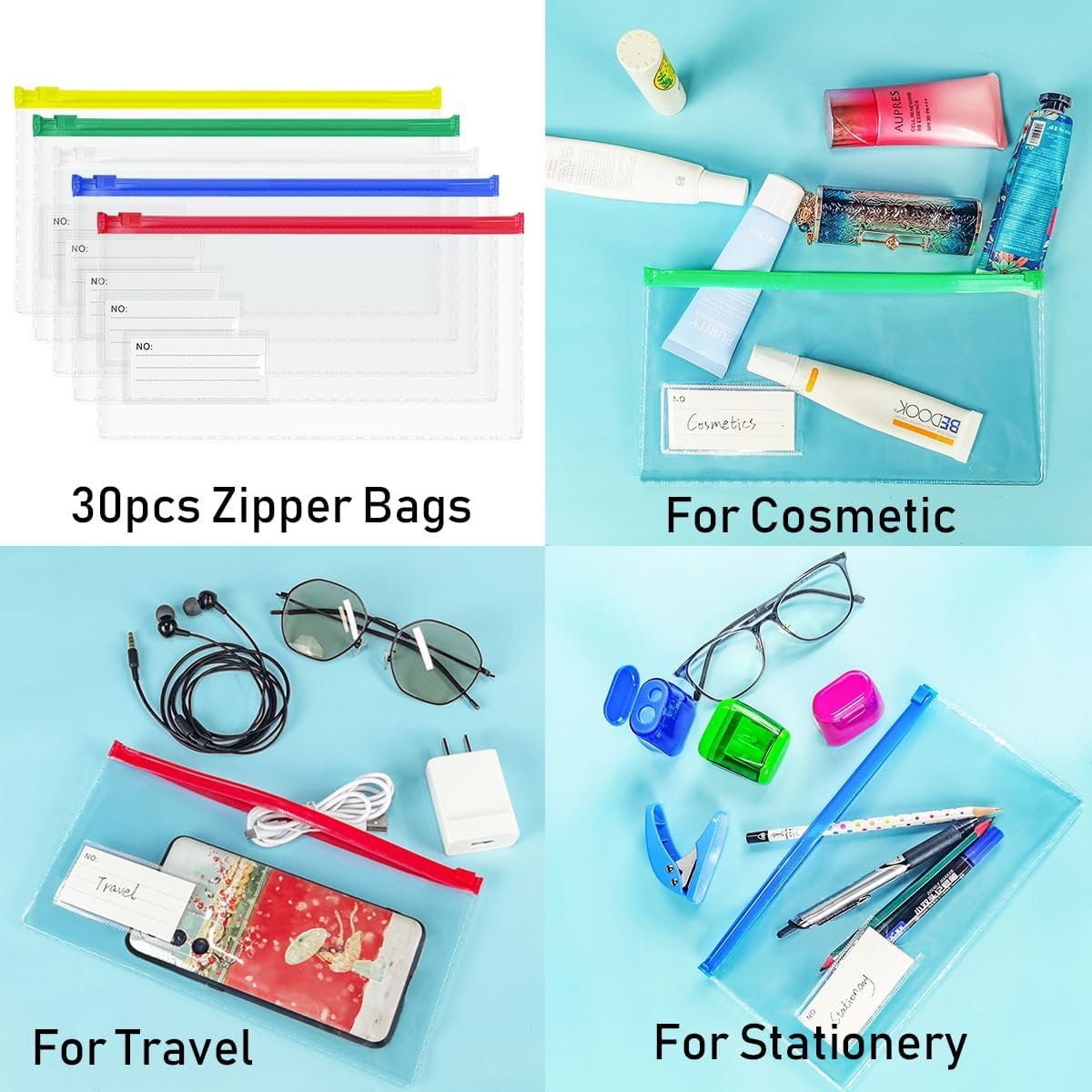 Custom Logo 30pcs Small Clear Plastic Zipper Pouches Poly Zip Organizer Storage Bags Private Label for Office Supplies Stationery Travel Cosmetics (9x4.7 Inch) Manufacturer