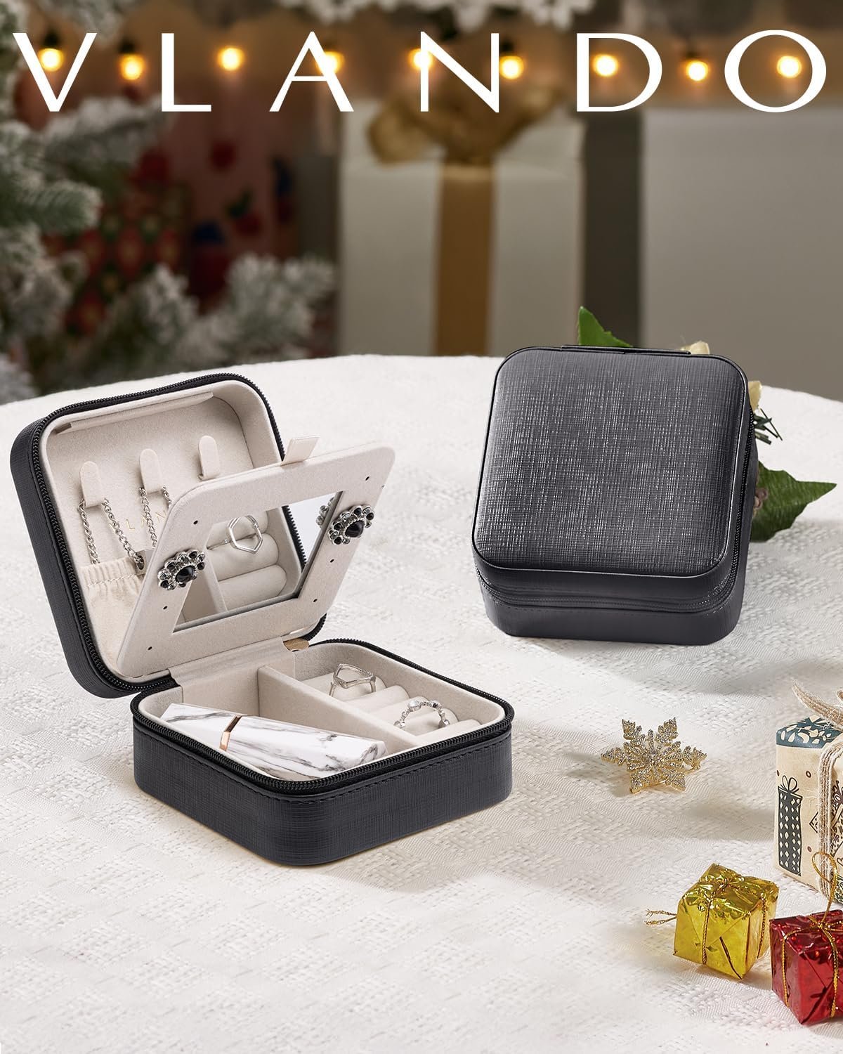 Private Label Small Travel Jewelry Case Custom Logo Organizer Box with Mirror for Women and Girls Black Manufacturer